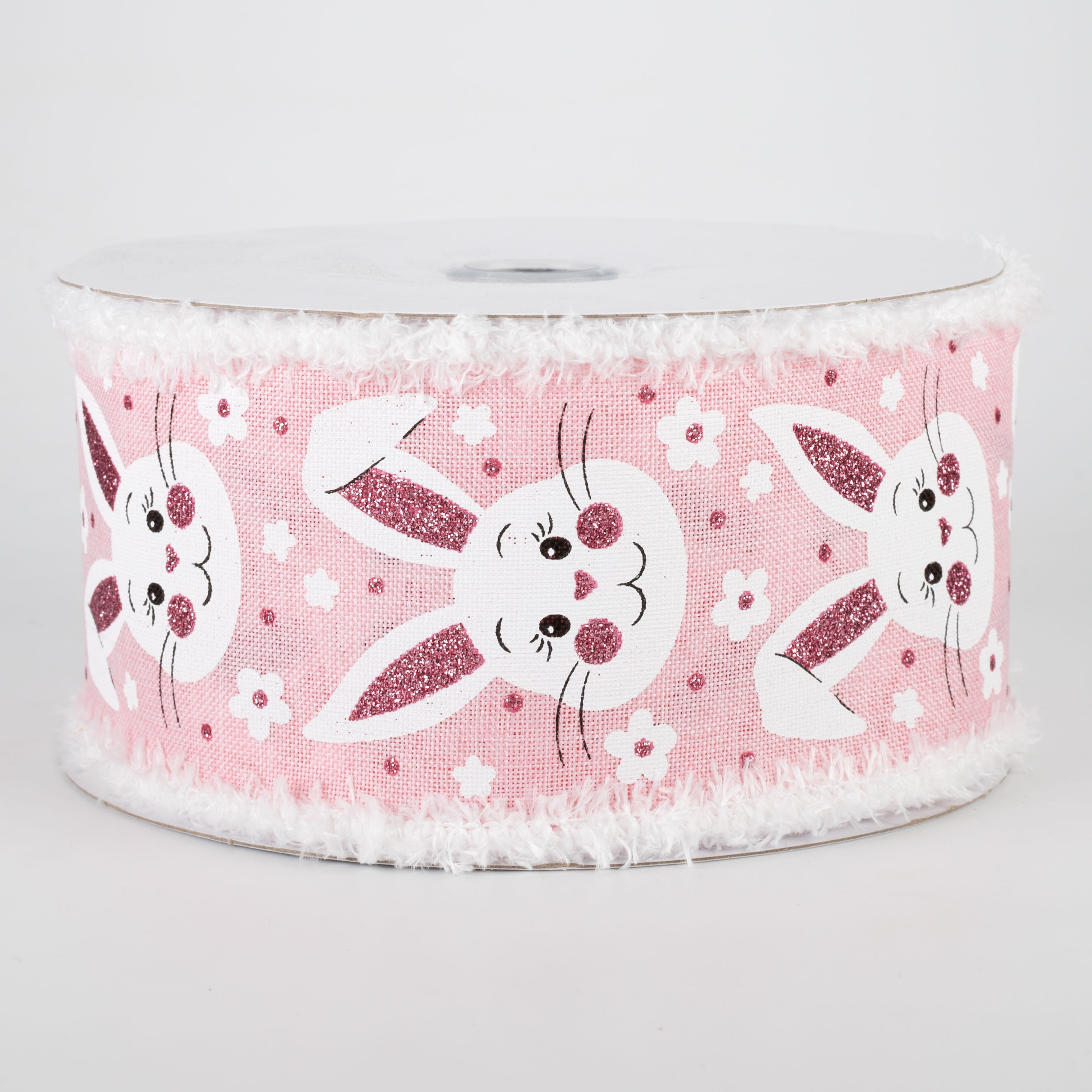 2.5" Bunny Faces Chenille Edge Ribbon: Pale Pink (10 Yards)