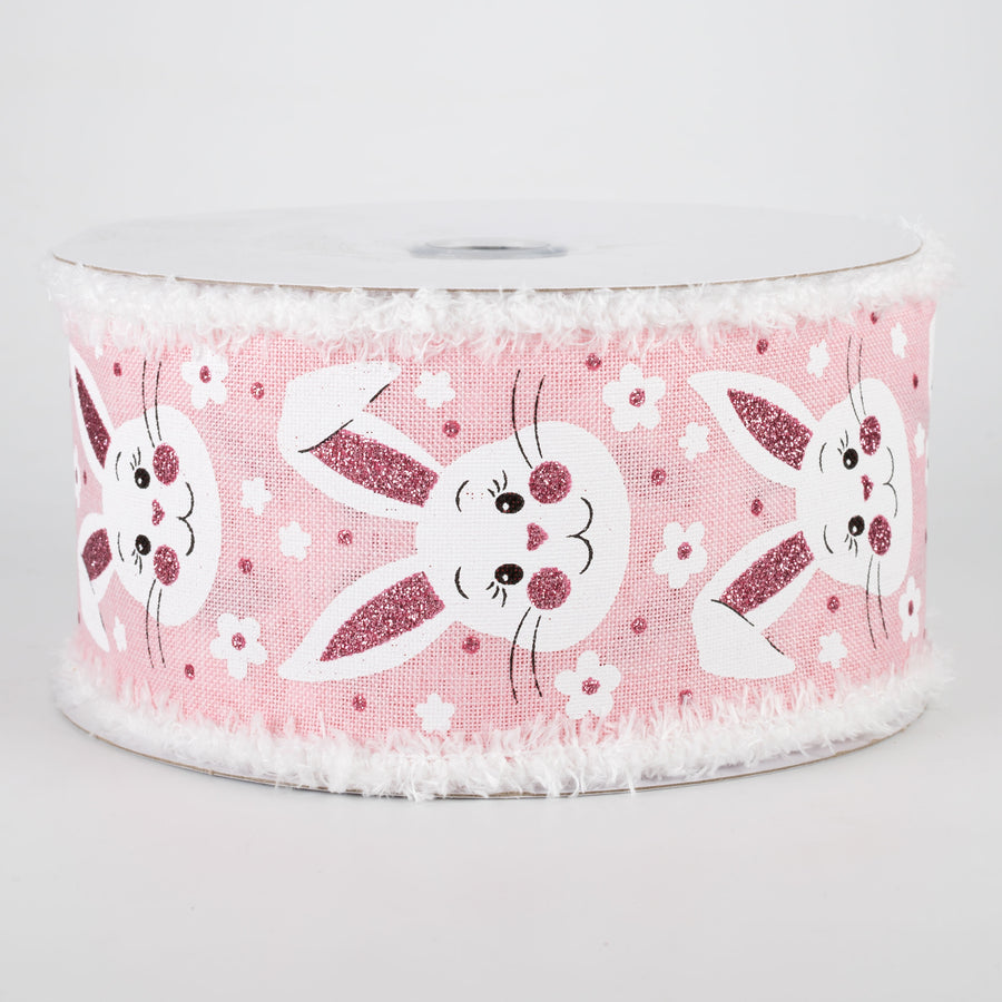 2.5" Bunny Faces Chenille Edge Ribbon: Pale Pink (10 Yards)