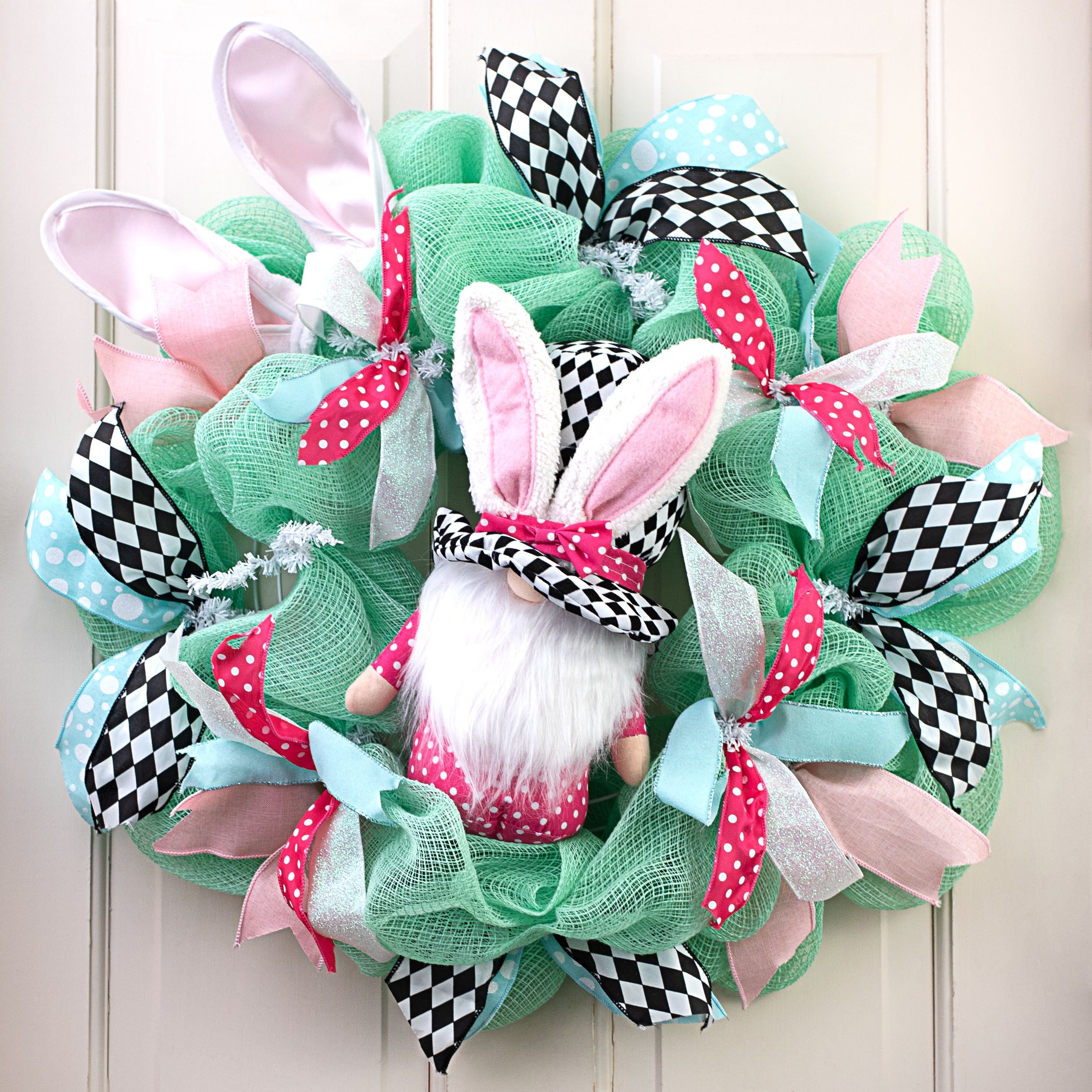 13" Bunny Harlequin Top Hat Gnome: Hot Pink Lifestyle Photo