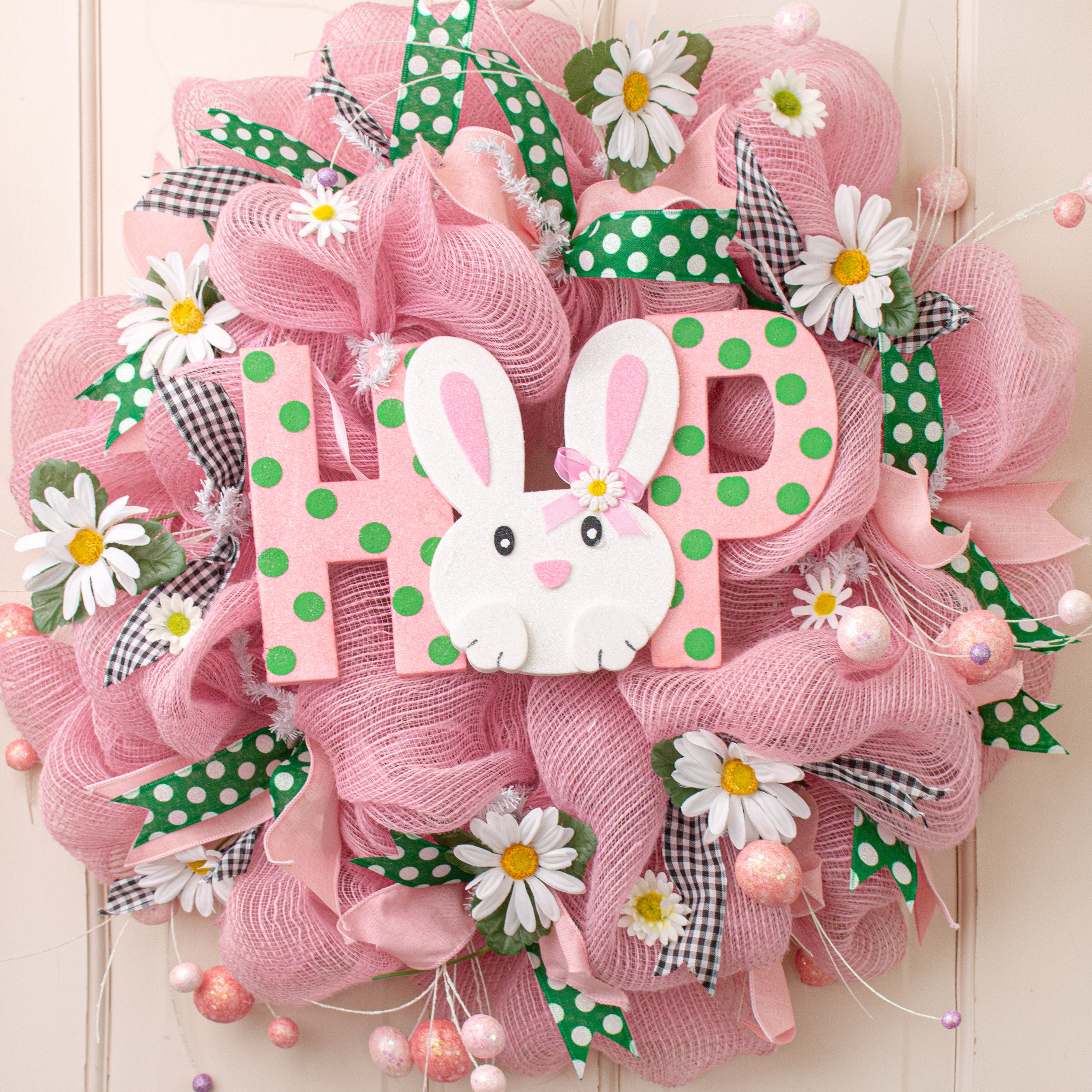 13.5" Bunny Hop Ornament: Pink & Green Lifestyle Photo
