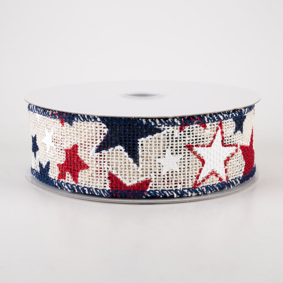 1.5" Burlap Patriotic Stars Ribbon: Cream (10 Yards)