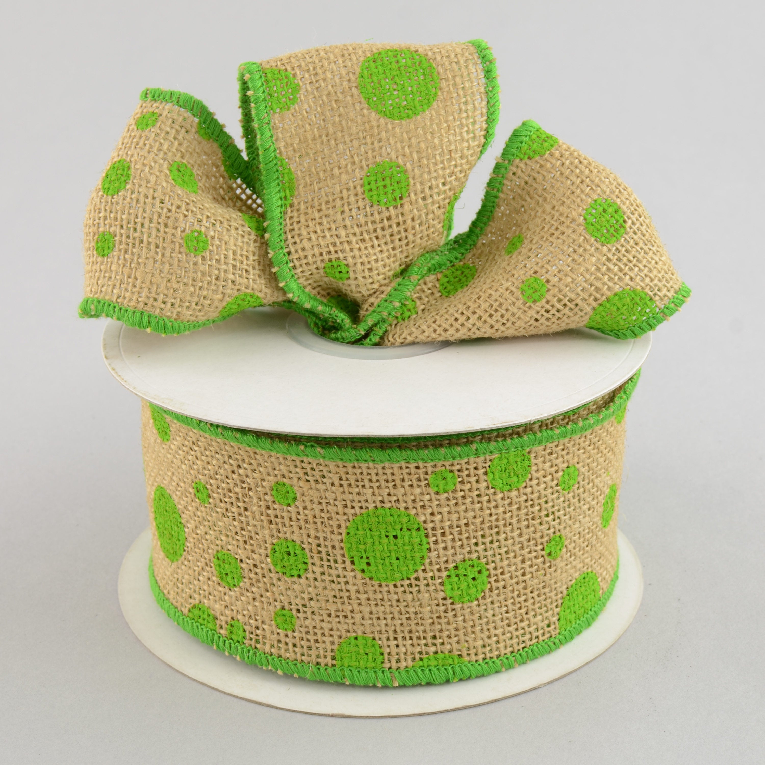 2.5" Burlap Polka Dot Ribbon: Lime Green (10 Yards) Lifestyle Photo