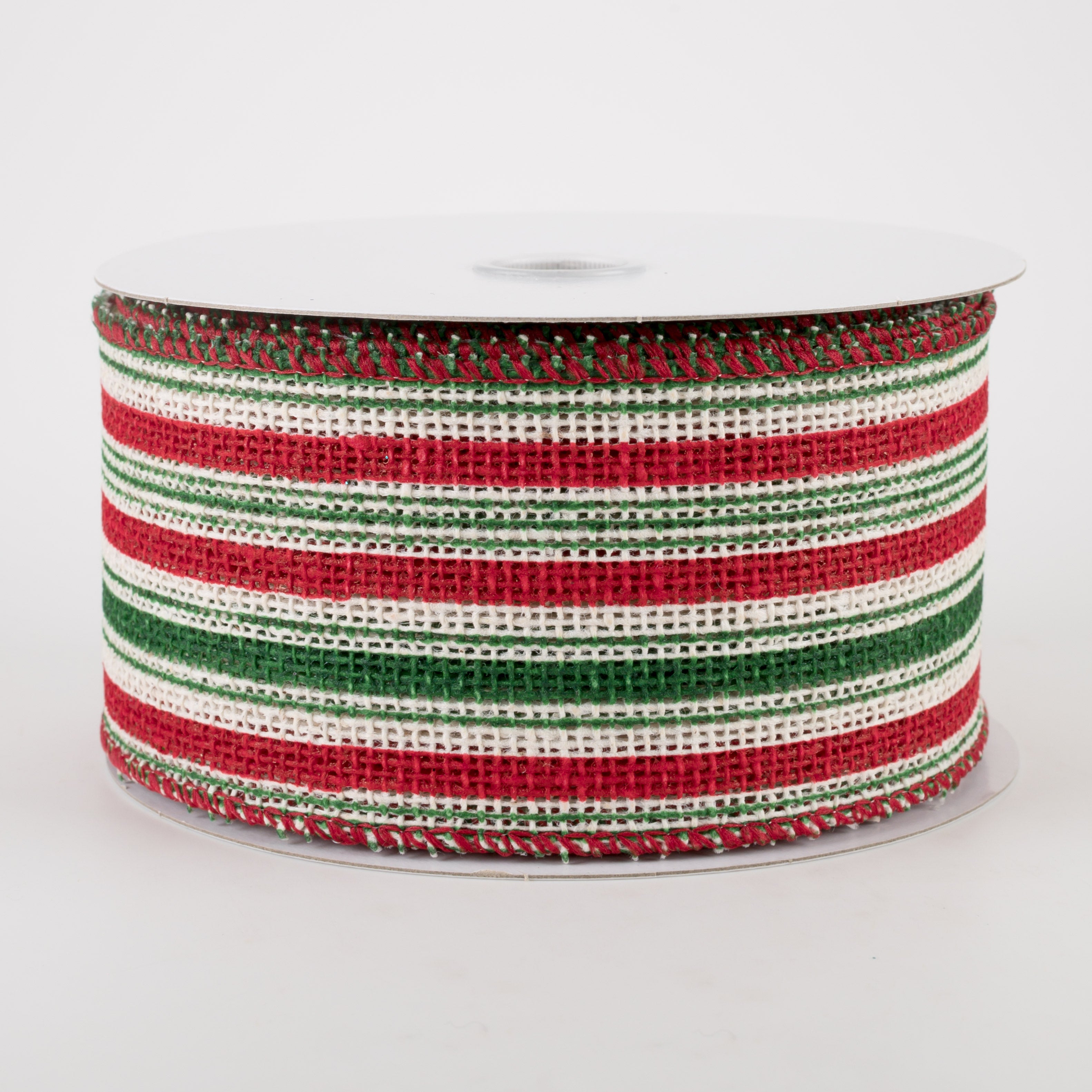 2.5" Burlap Vertical Stripe Ribbon: Green, Red, White (10 Yards) Item Number: 72151-40-08