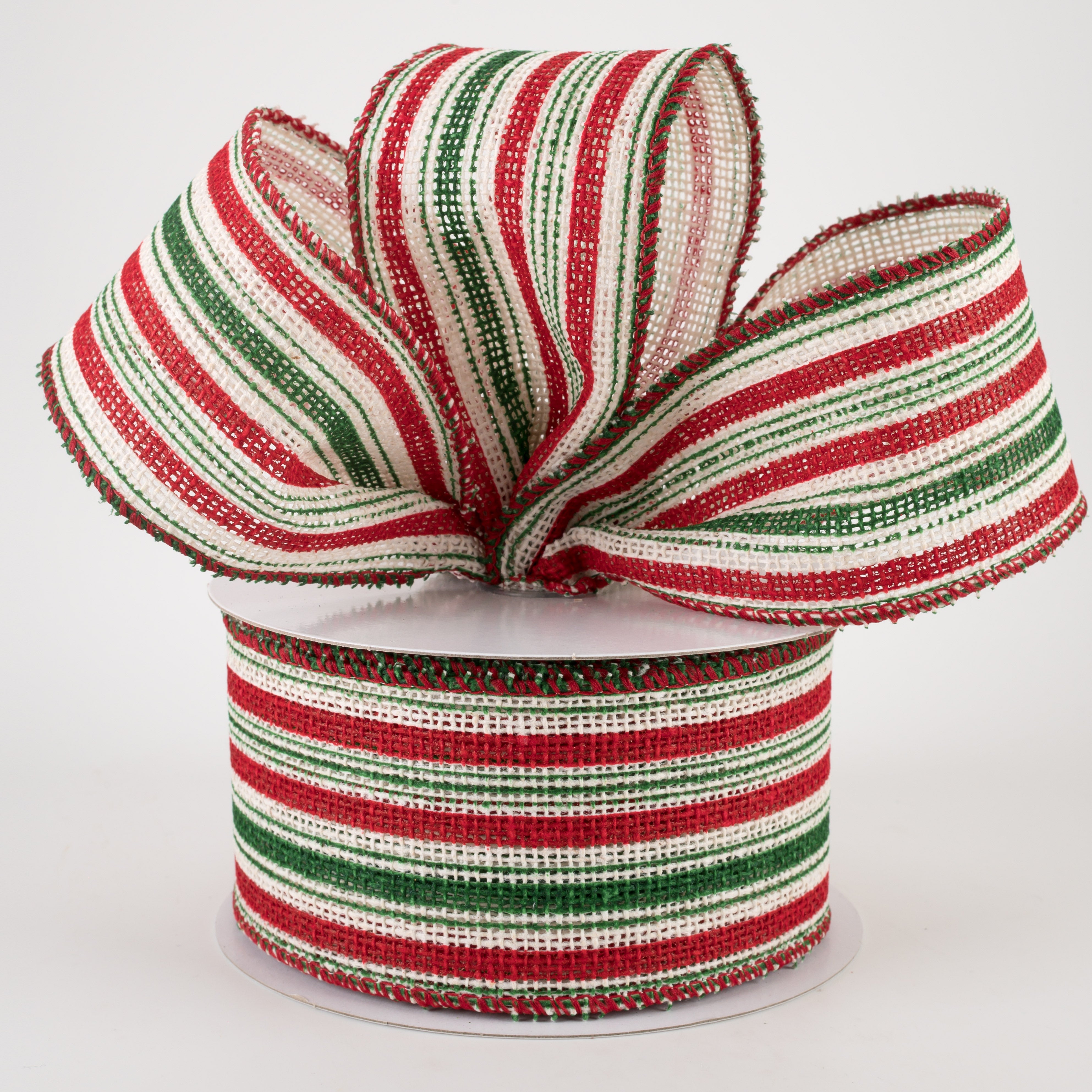 2.5" Burlap Vertical Stripe Ribbon: Green, Red, White (10 Yards) Lifestyle Photo