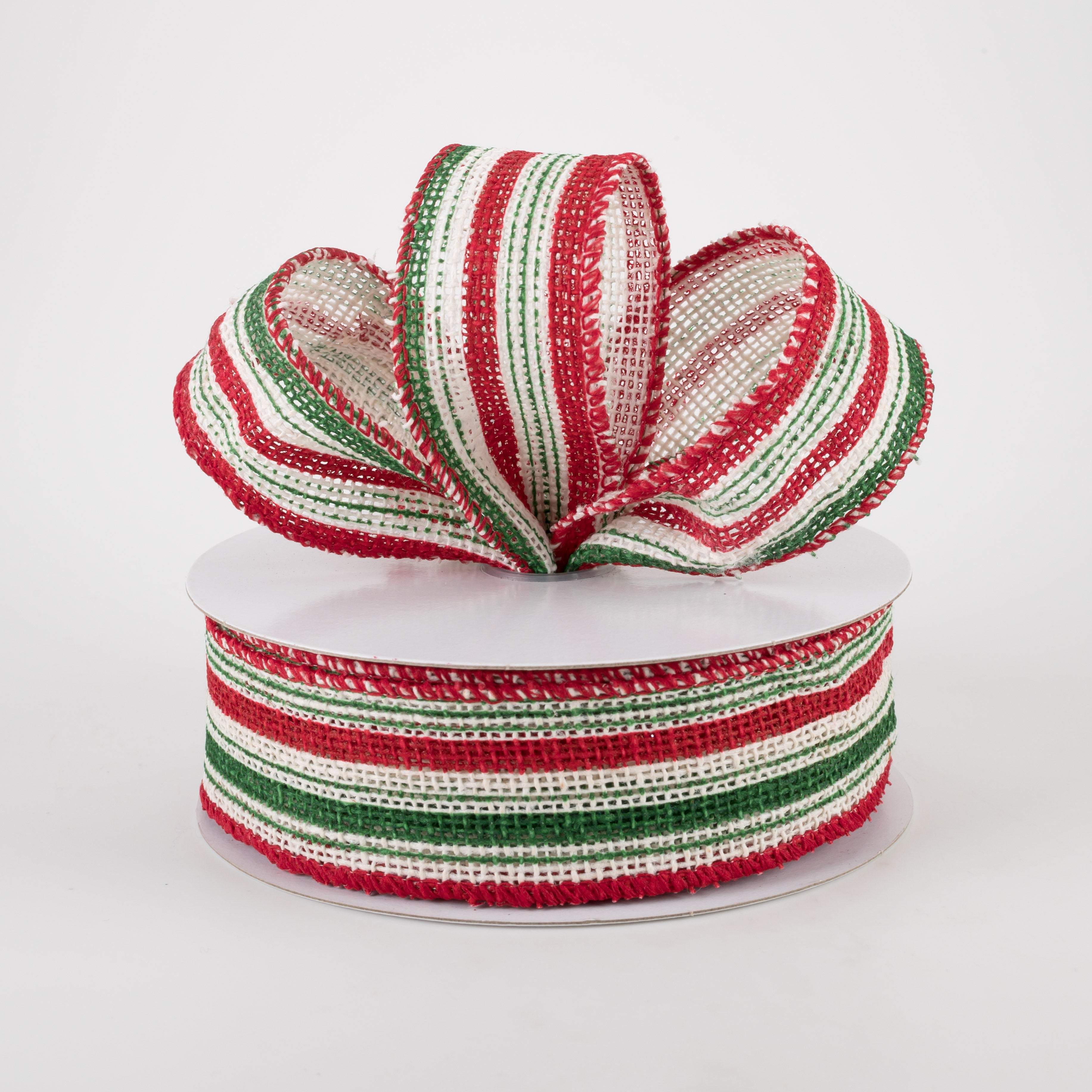 1.5" Burlap Vertical Stripe Ribbon: Green, Red, White (10 Yards) Lifestyle Photo