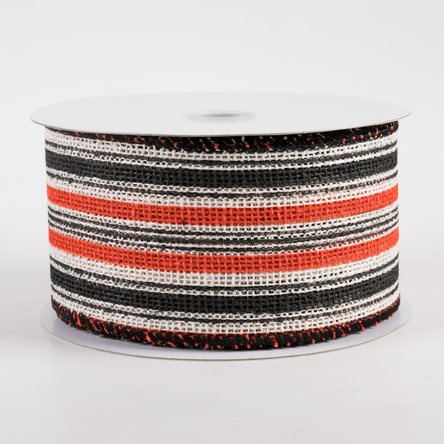 2.5" Burlap Vertical Stripe Ribbon: Ivory, Orange, Black (10 Yards)