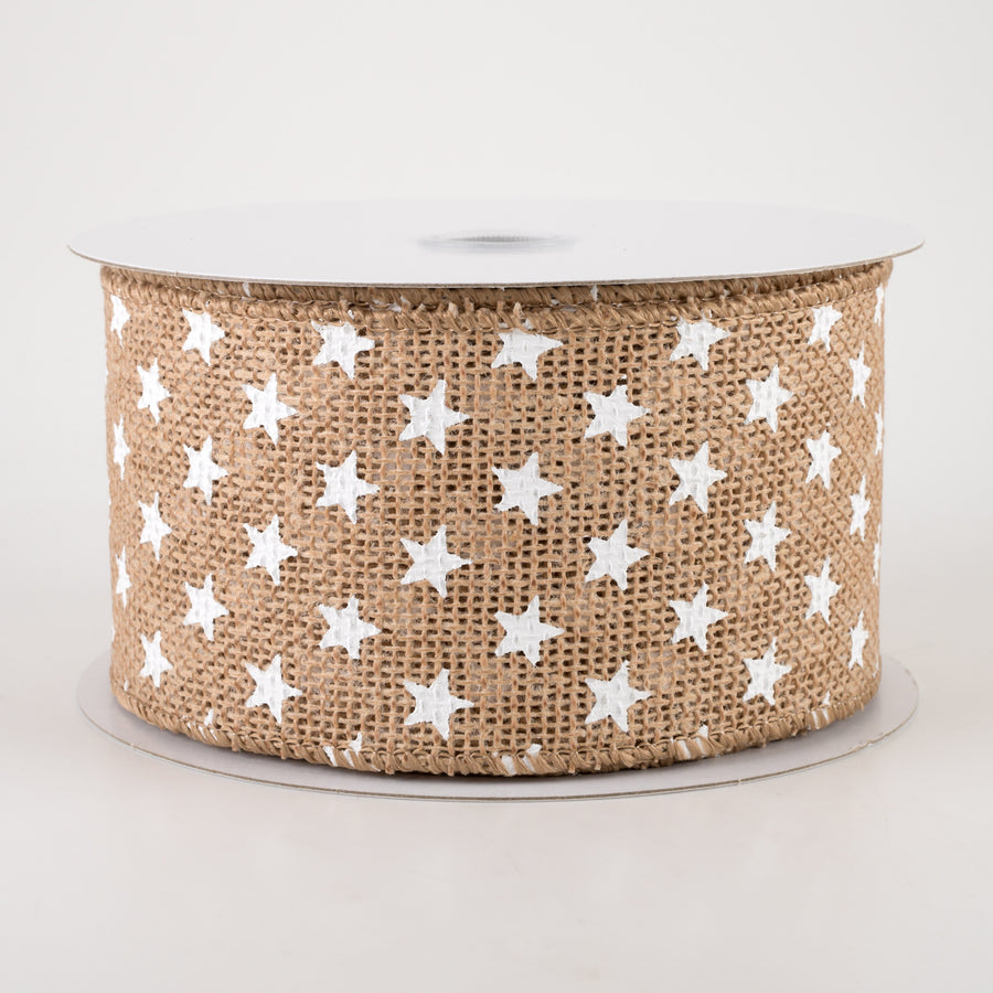 2.5" Burlap White Stars Ribbon: Natural (10 Yards) Item Number: 41222-40-15
