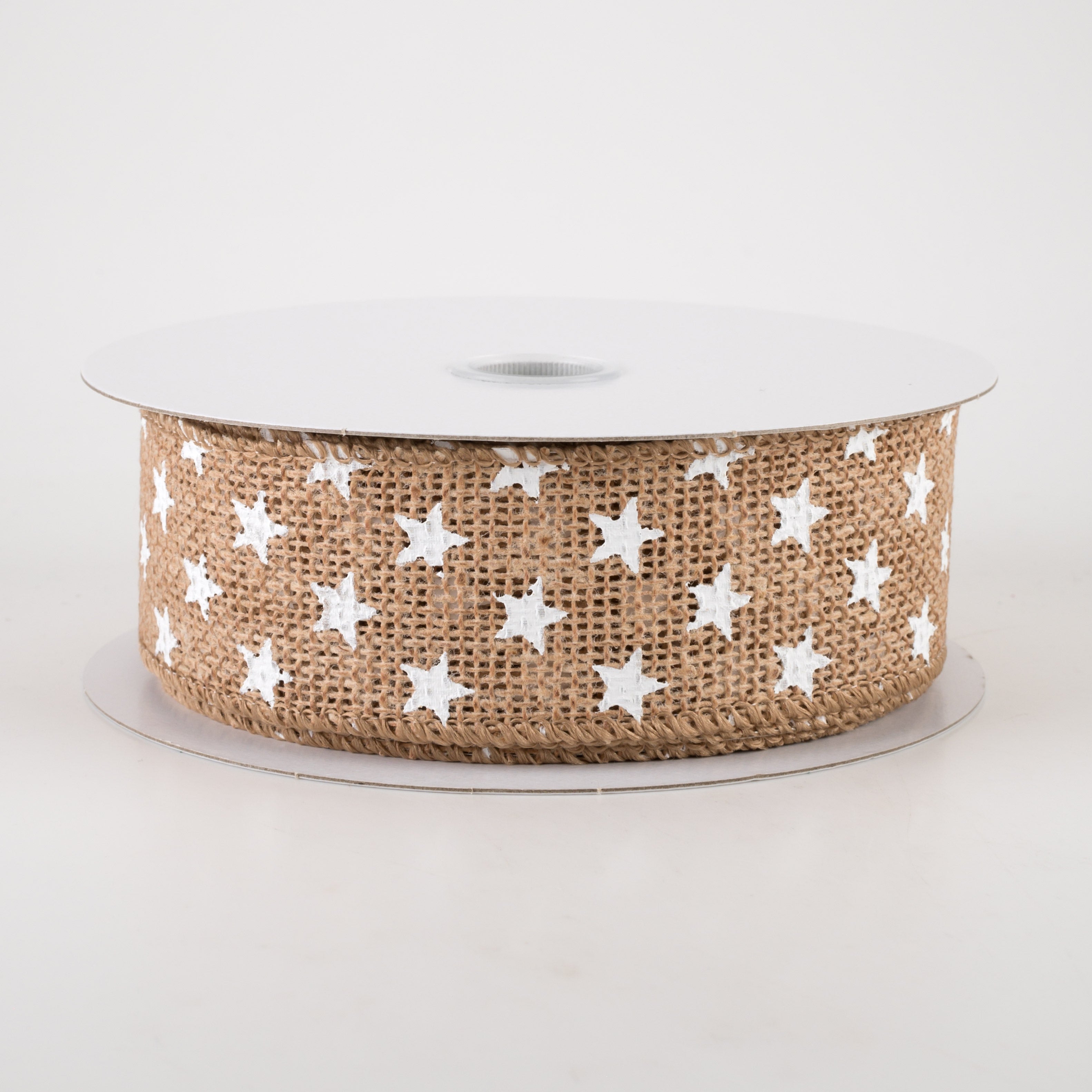 1.5" Burlap White Stars Ribbon: Natural (10 Yards)