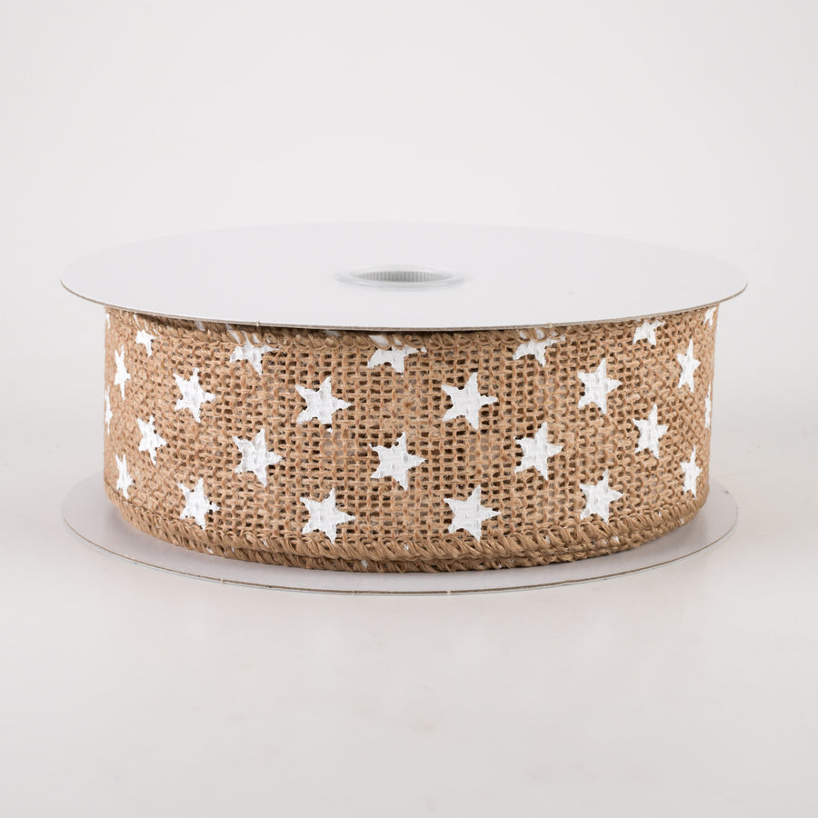 1.5" Burlap White Stars Ribbon: Natural (10 Yards)