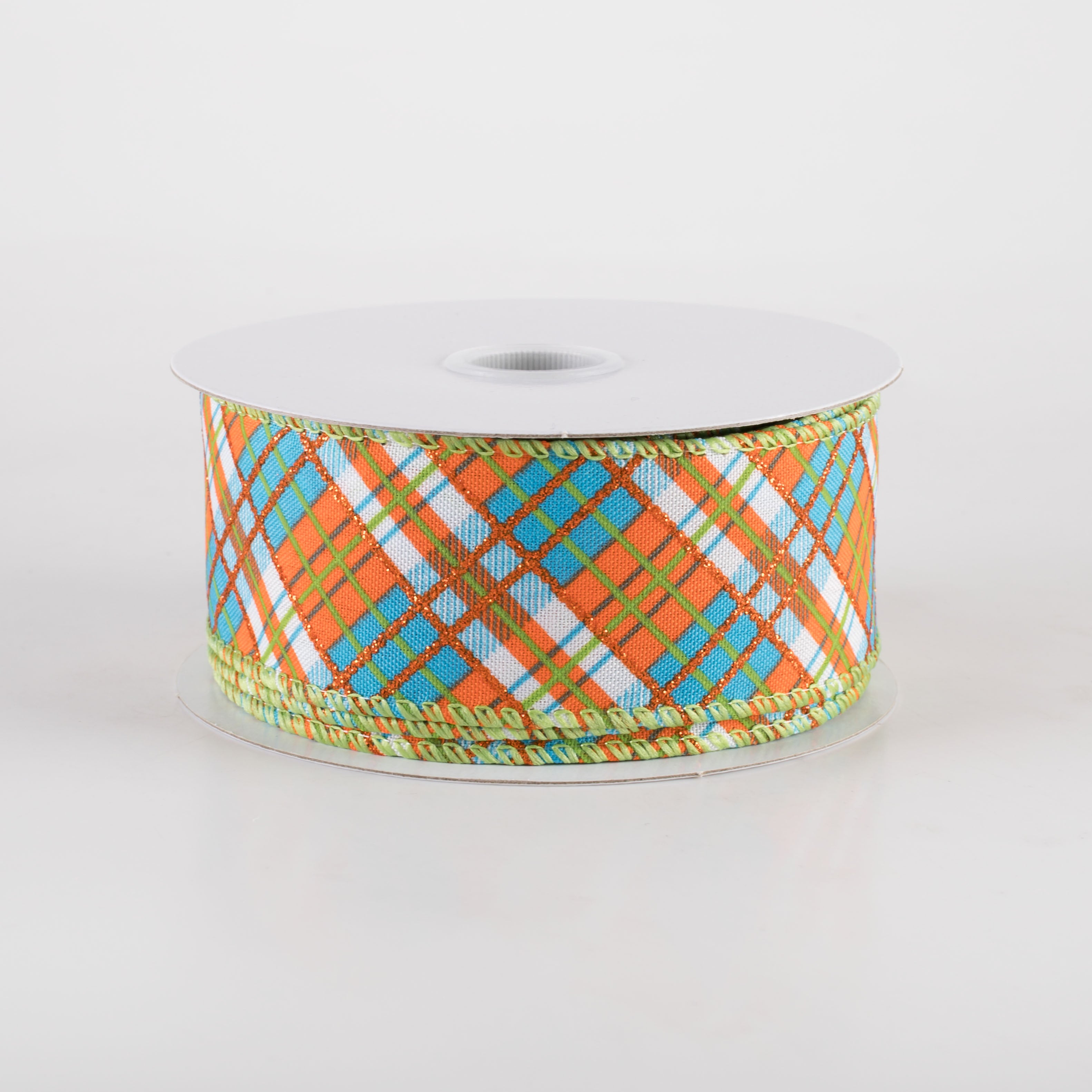 1.5" Busy Diagonal Plaid Ribbon: Teal Blue, Orange & Lime Green (10 Yards) Item Number: 61423-09-33
