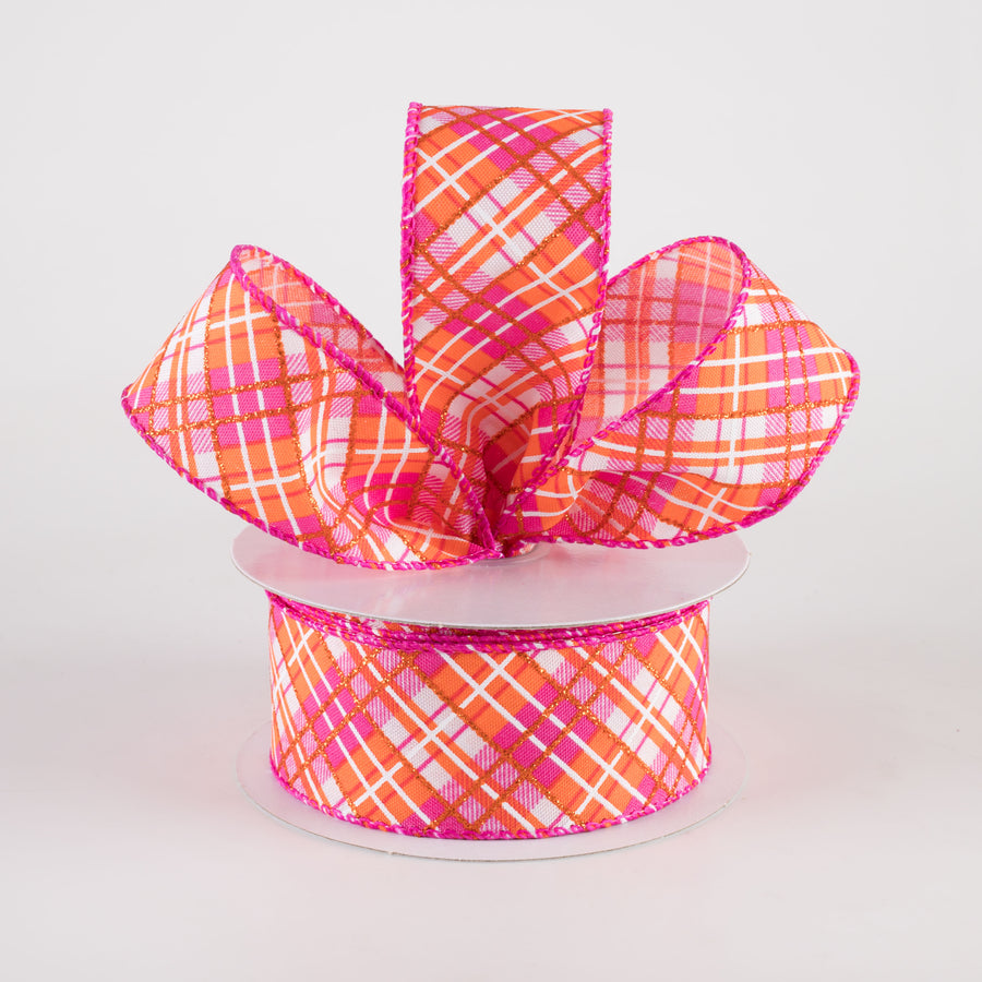 1.5" Busy Diagonal Plaid Ribbon: White, Fuchsia & Orange (10 Yards) Lifestyle Photo