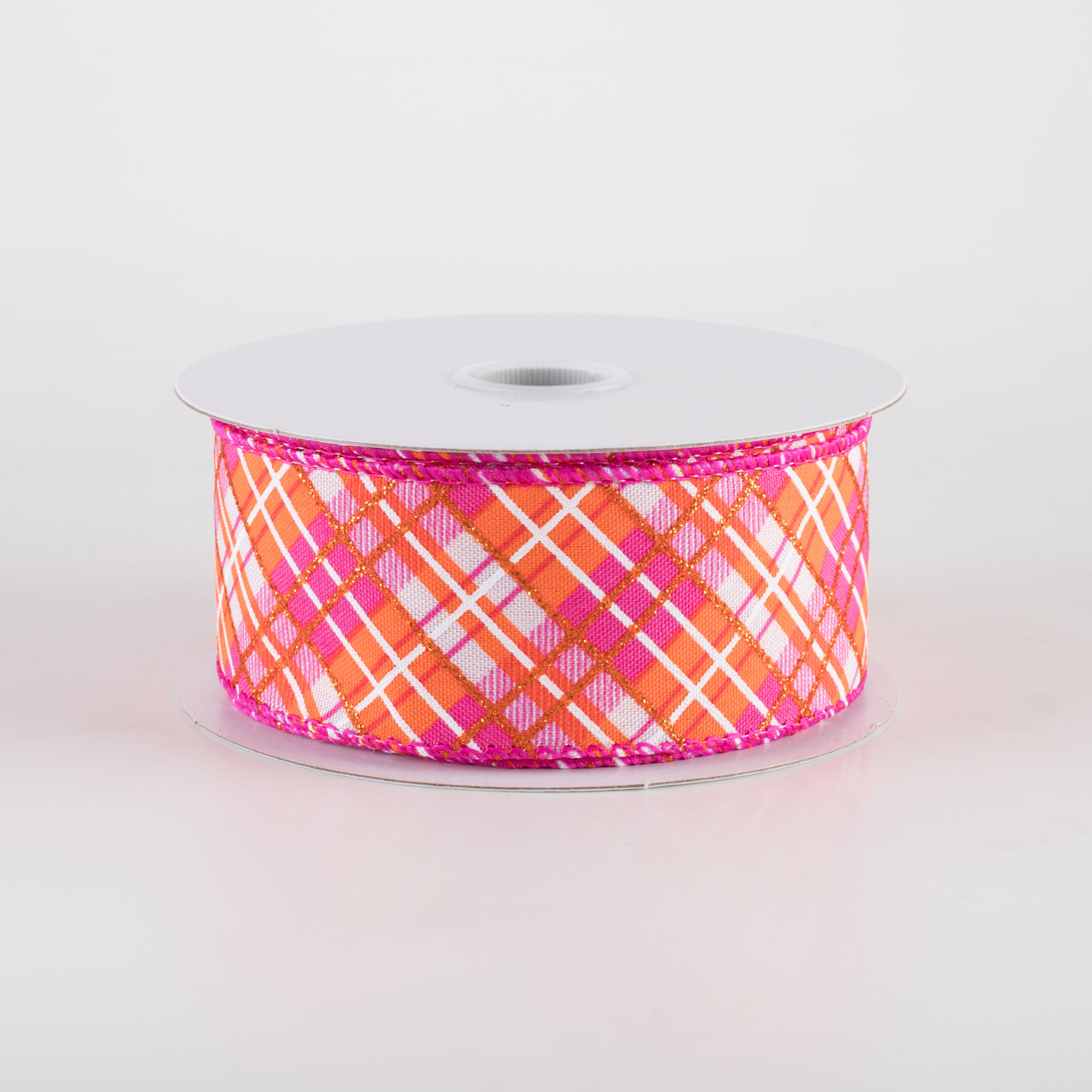 1.5" Busy Diagonal Plaid Ribbon: White, Fuchsia & Orange (10 Yards) Item Number: 51401-09-28