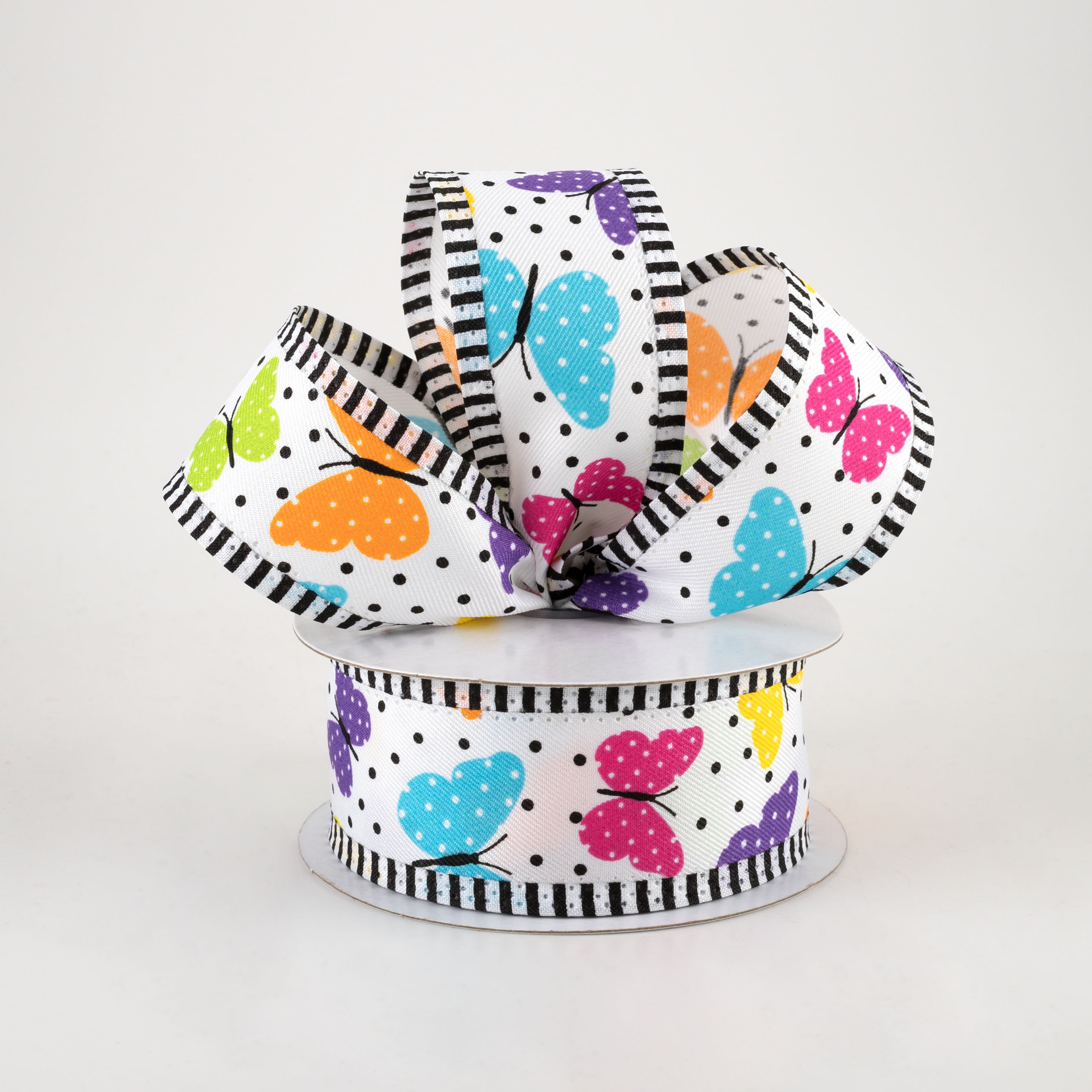 1.5" Butterflies & Dots Stripe Edge Ribbon: Bright Multi (10 Yards) Lifestyle Photo
