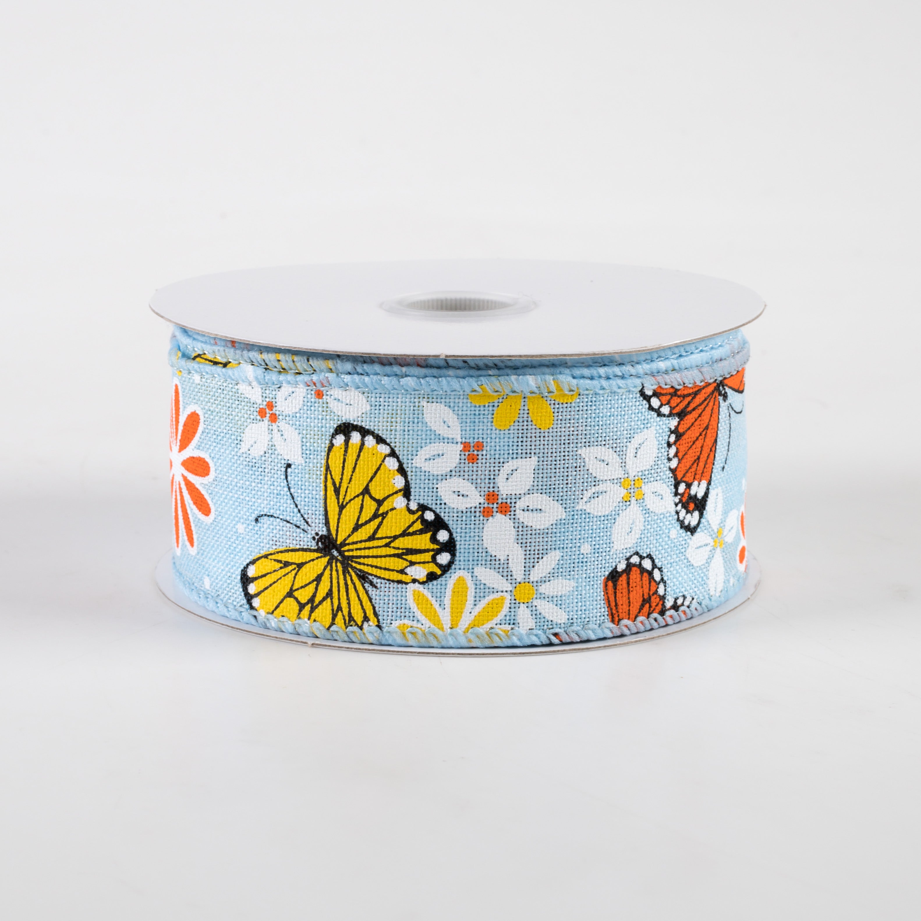 1.5" Butterflies & Flowers Linen Ribbon: Light Blue (10 Yards) Item Number: 41332-09-04