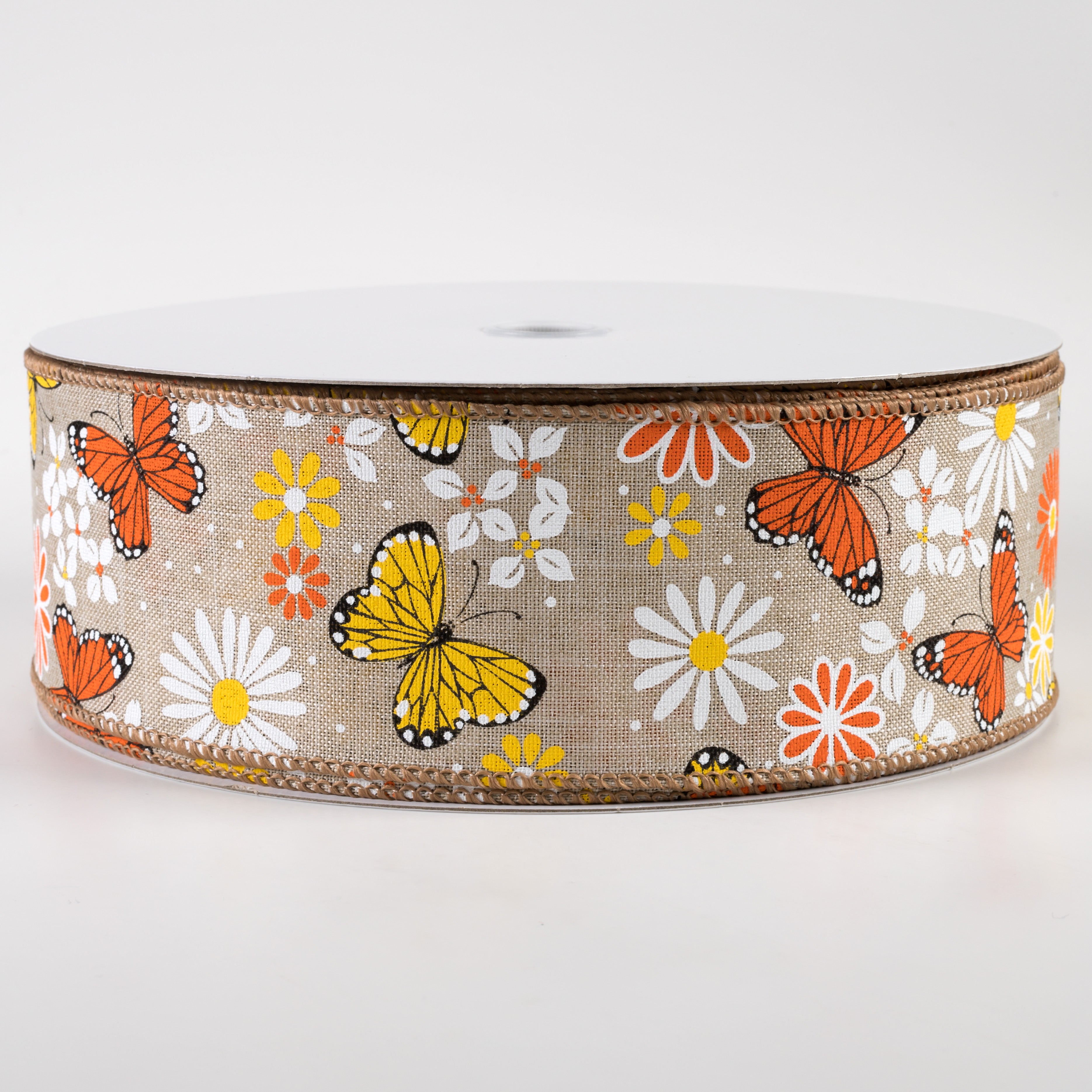 2.5" Butterflies & Flowers Linen Ribbon: Natural (50 Yards) Item Number: 841-40-317