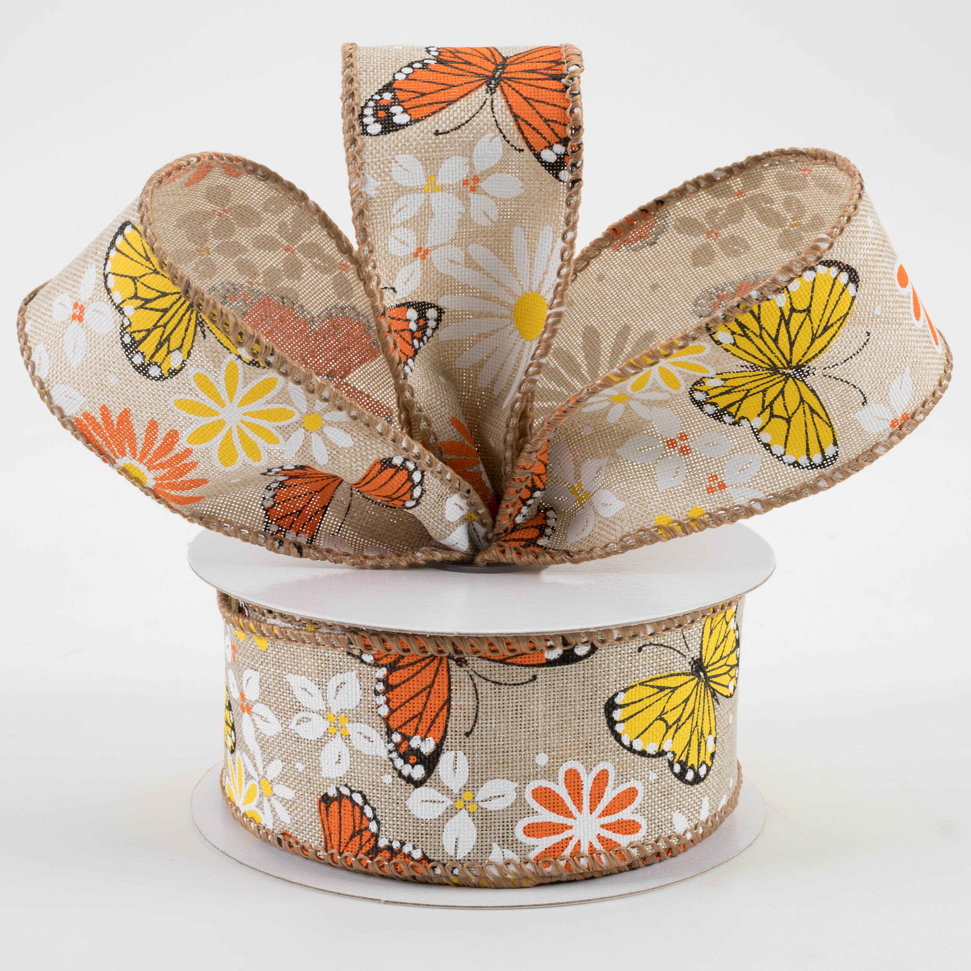 1.5" Butterflies & Flowers Linen Ribbon: Natural (10 Yards) Lifestyle Photo