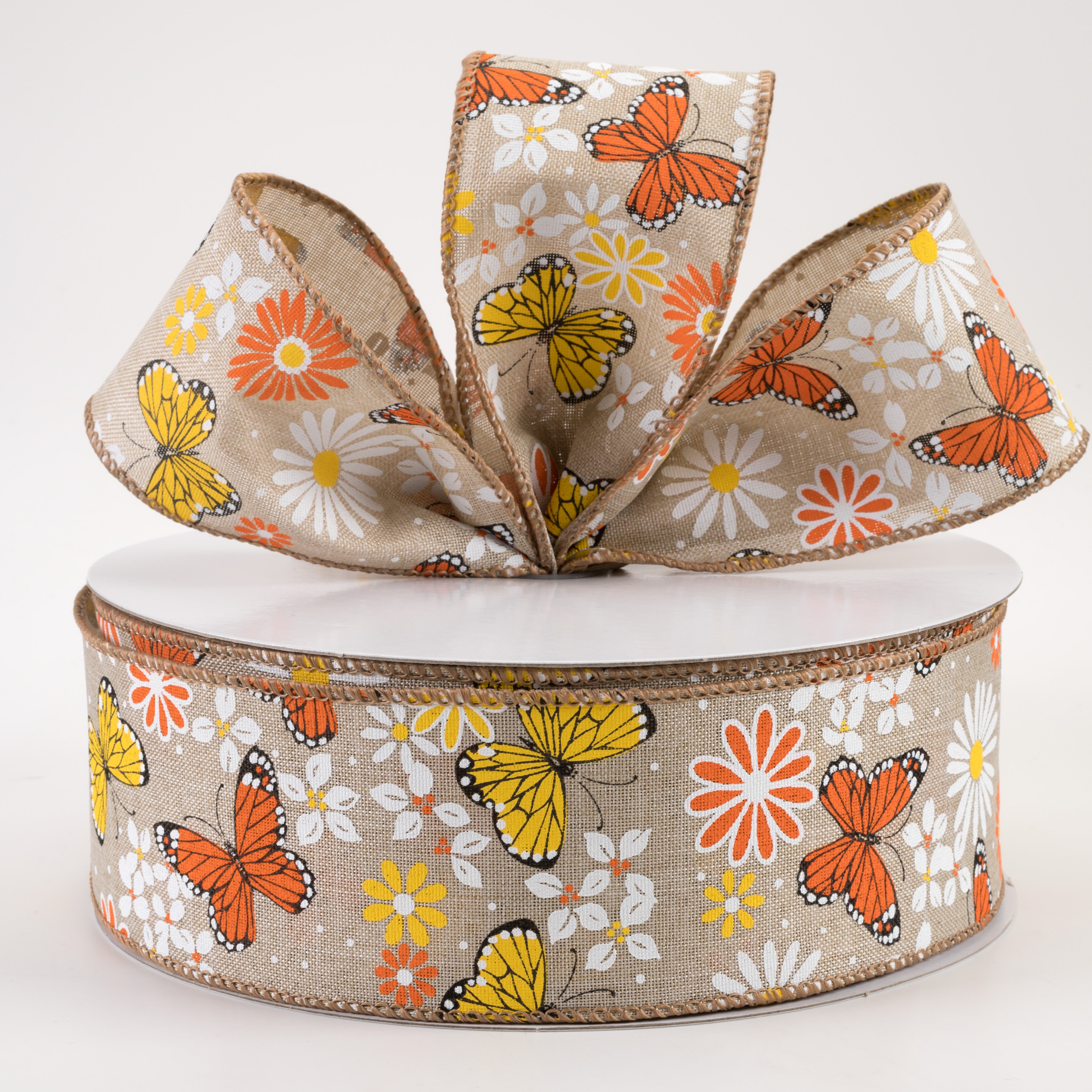 2.5" Butterflies & Flowers Linen Ribbon: Natural (50 Yards) Lifestyle Photo