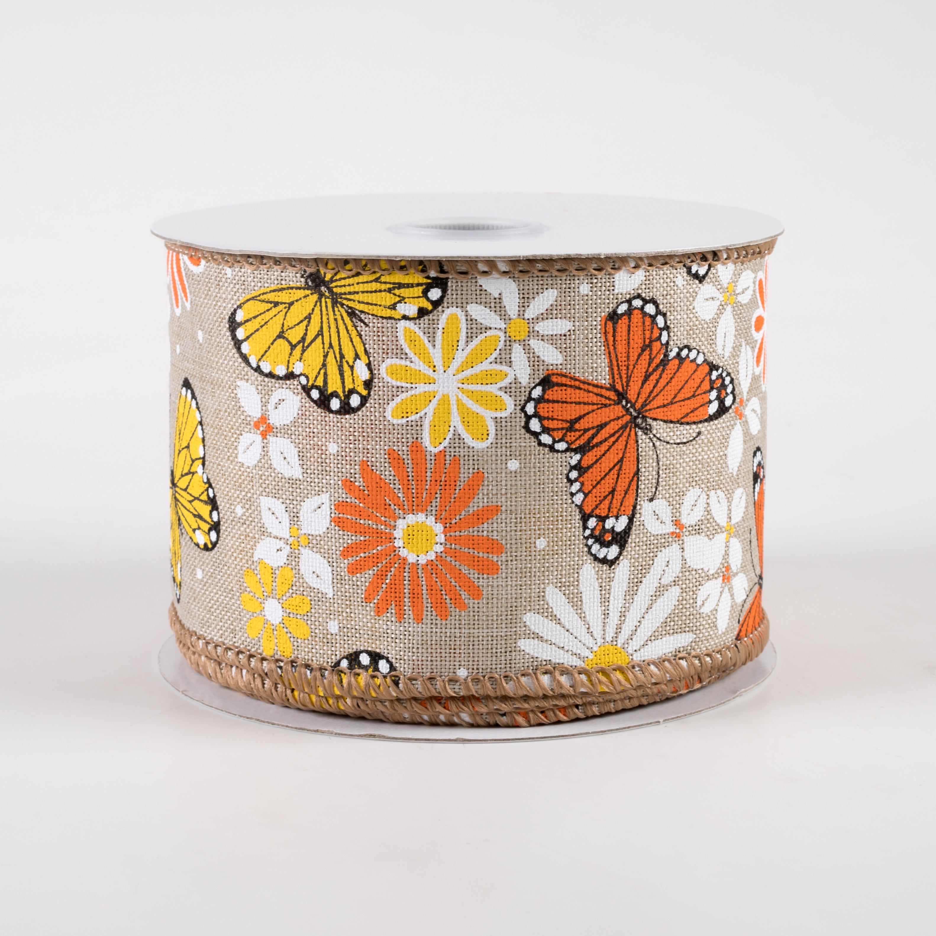2.5" Butterflies & Flowers Linen Ribbon: Natural (10 Yards)