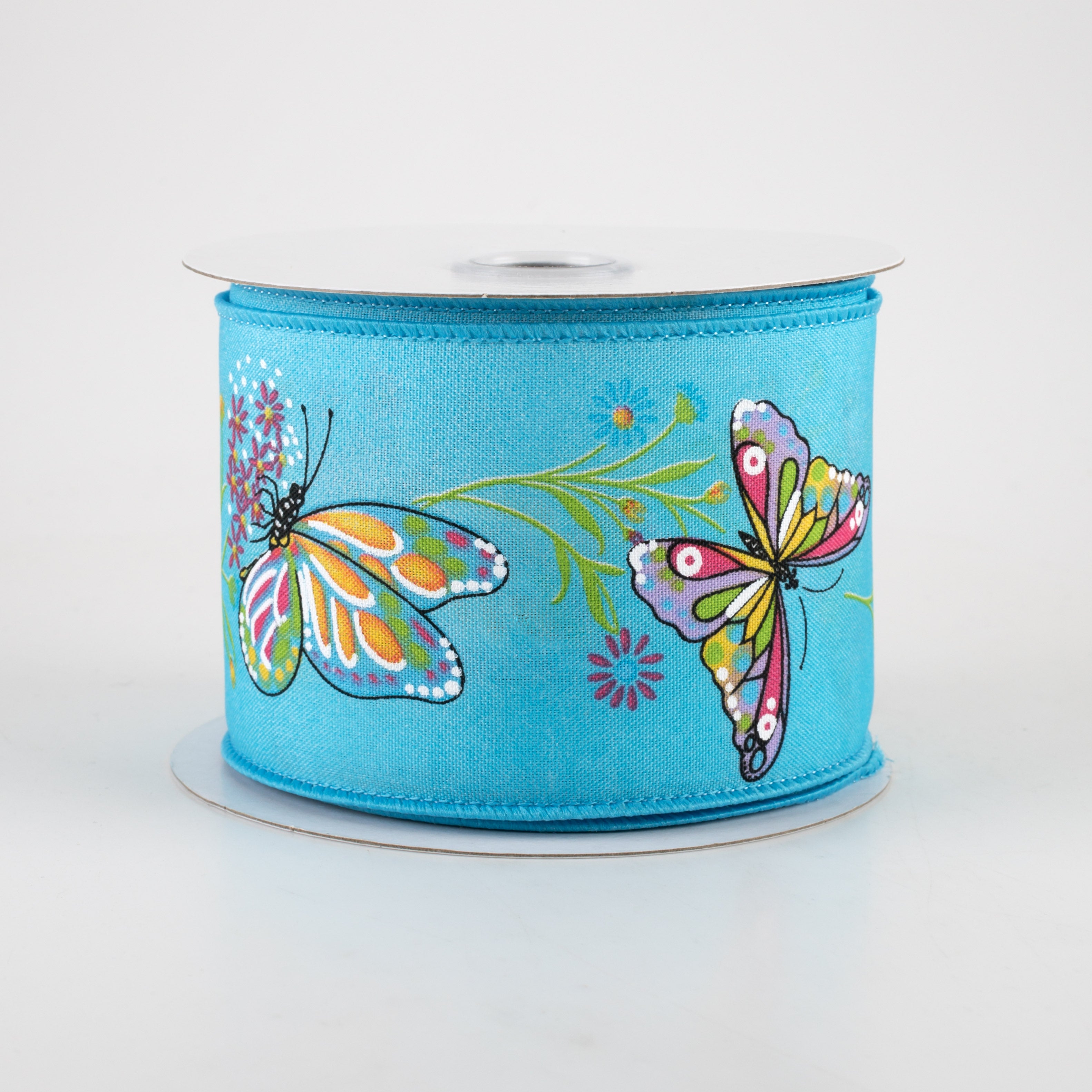 2.5" Butterflies & Flowers Ribbon: Blue (10 Yards)