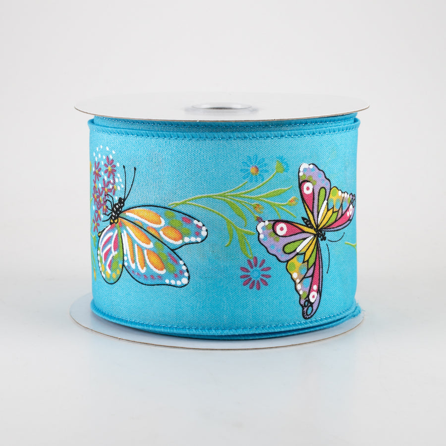 2.5" Butterflies & Flowers Ribbon: Blue (10 Yards)