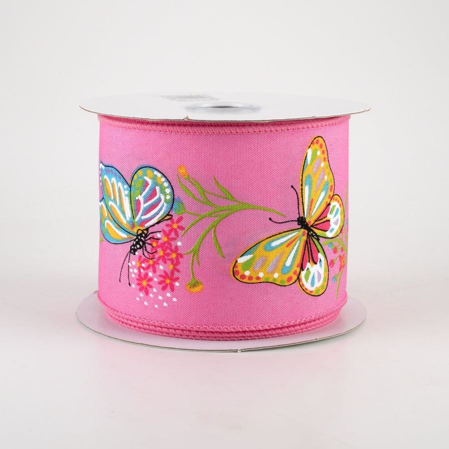 2.5" Butterflies & Flowers Ribbon: Pink (10 Yards)