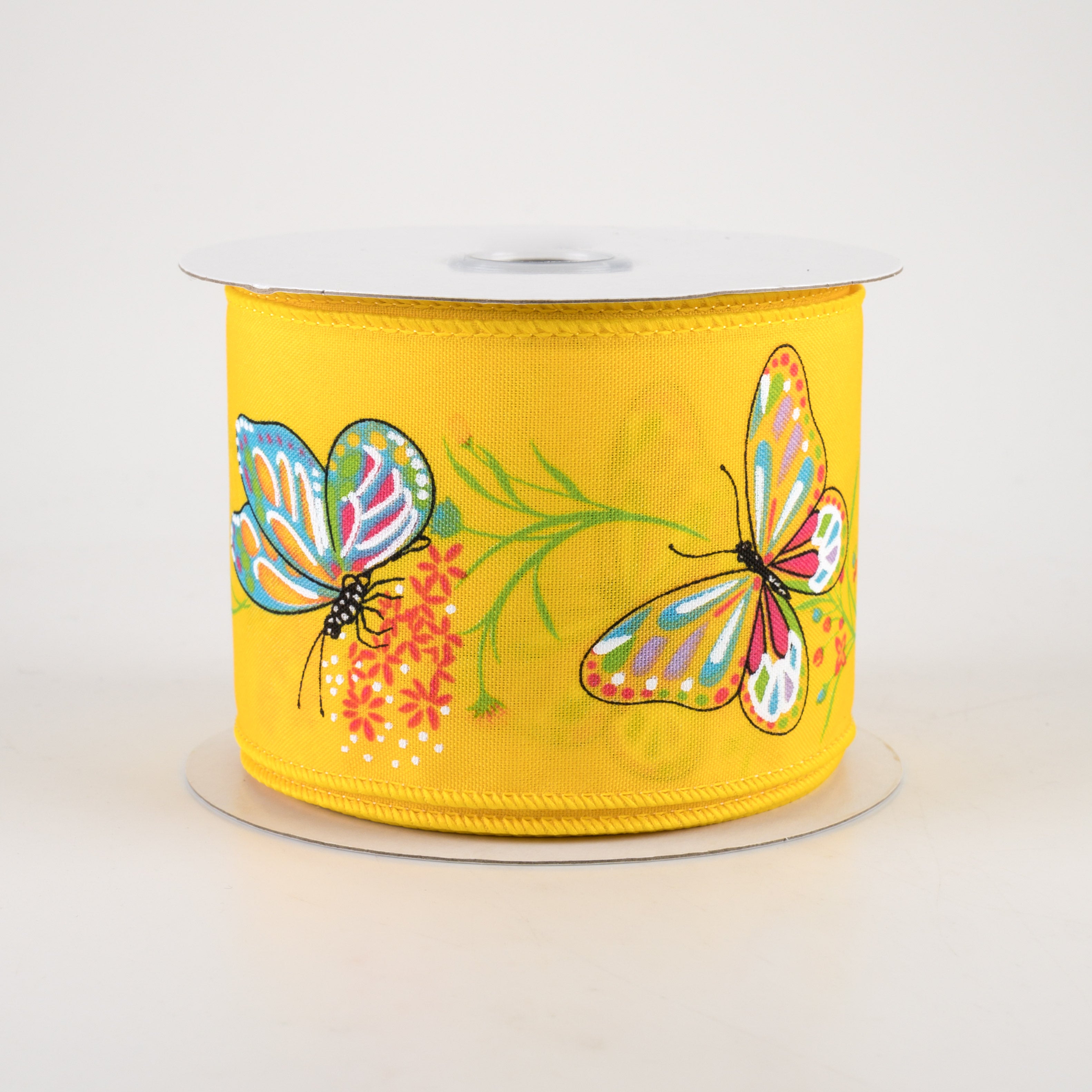 2.5" Butterflies & Flowers Ribbon: Yellow (10 Yards)