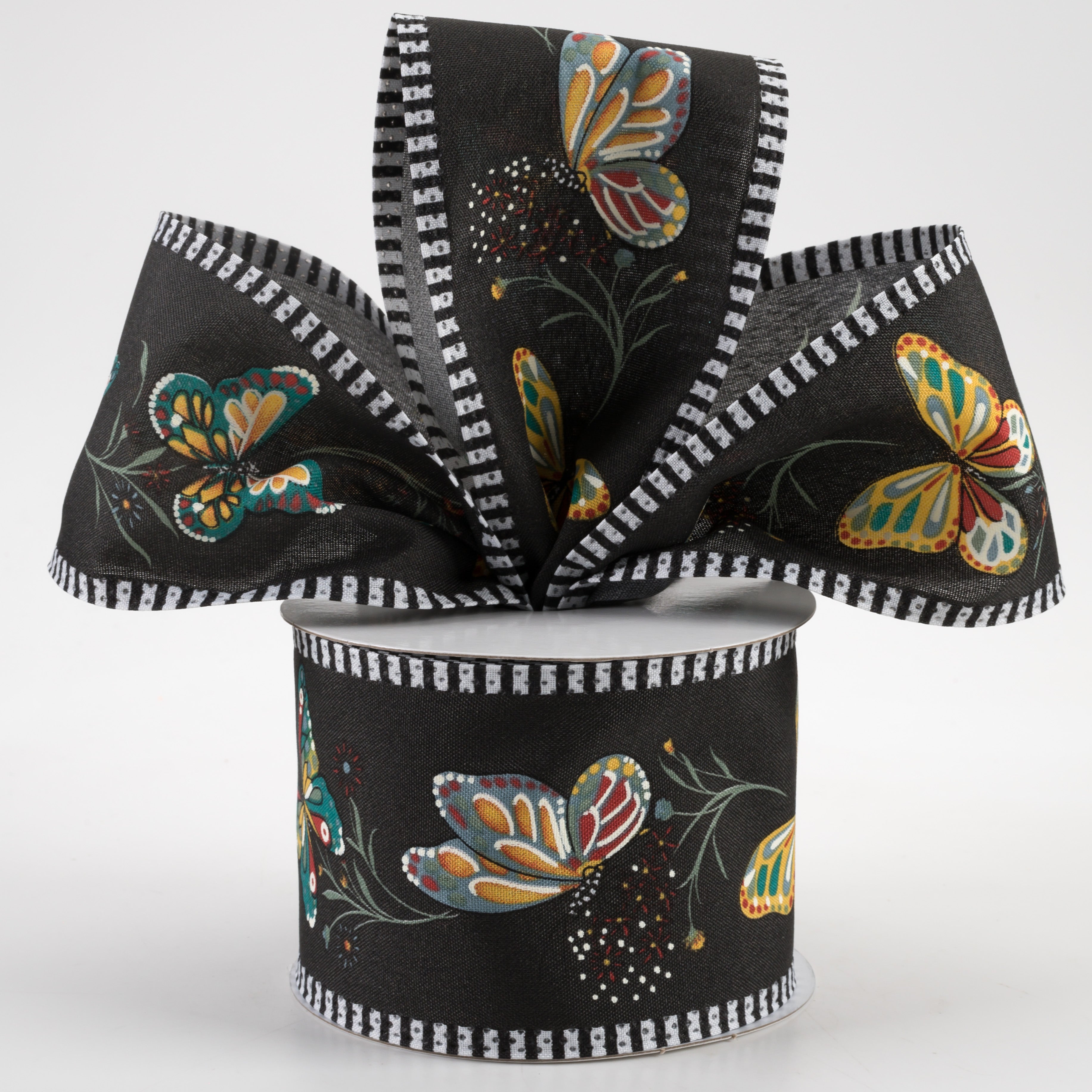 2.5" Butterflies & Flowers Stipe Edge Ribbon: Black (10 Yards) Lifestyle Photo