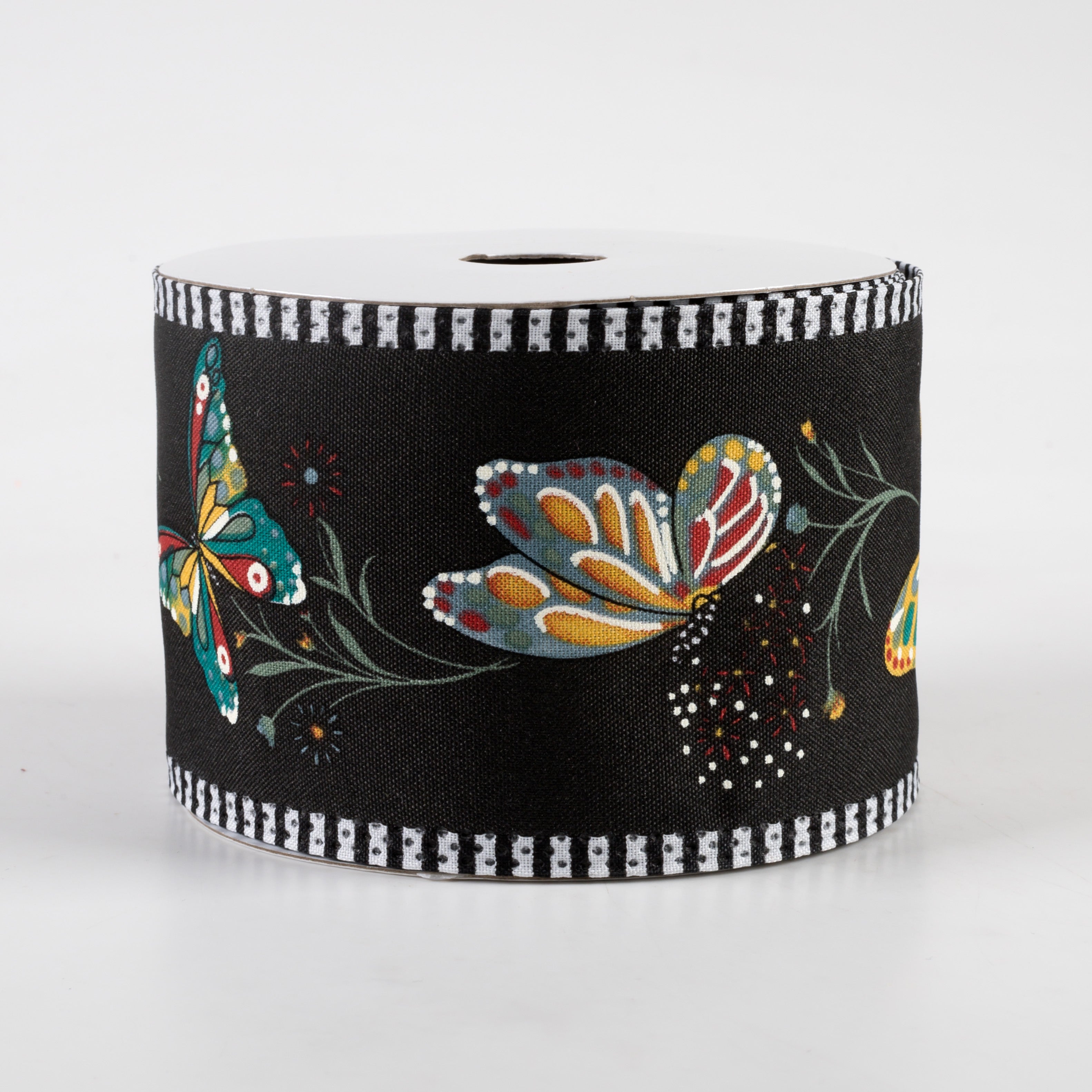 2.5" Butterflies & Flowers Stipe Edge Ribbon: Black (10 Yards)