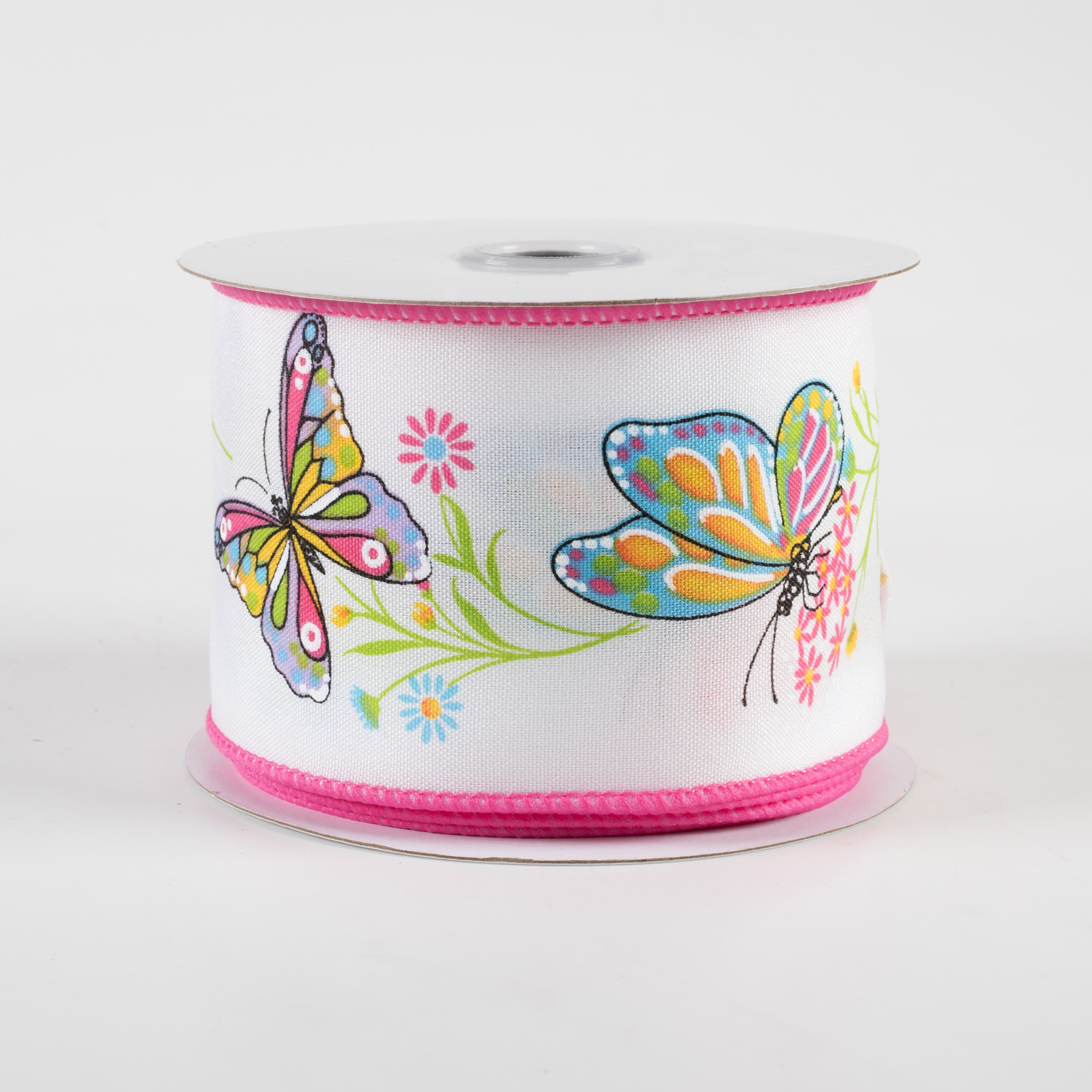 2.5" Butterfly Branches Ribbon: White & Pink (10 Yards)