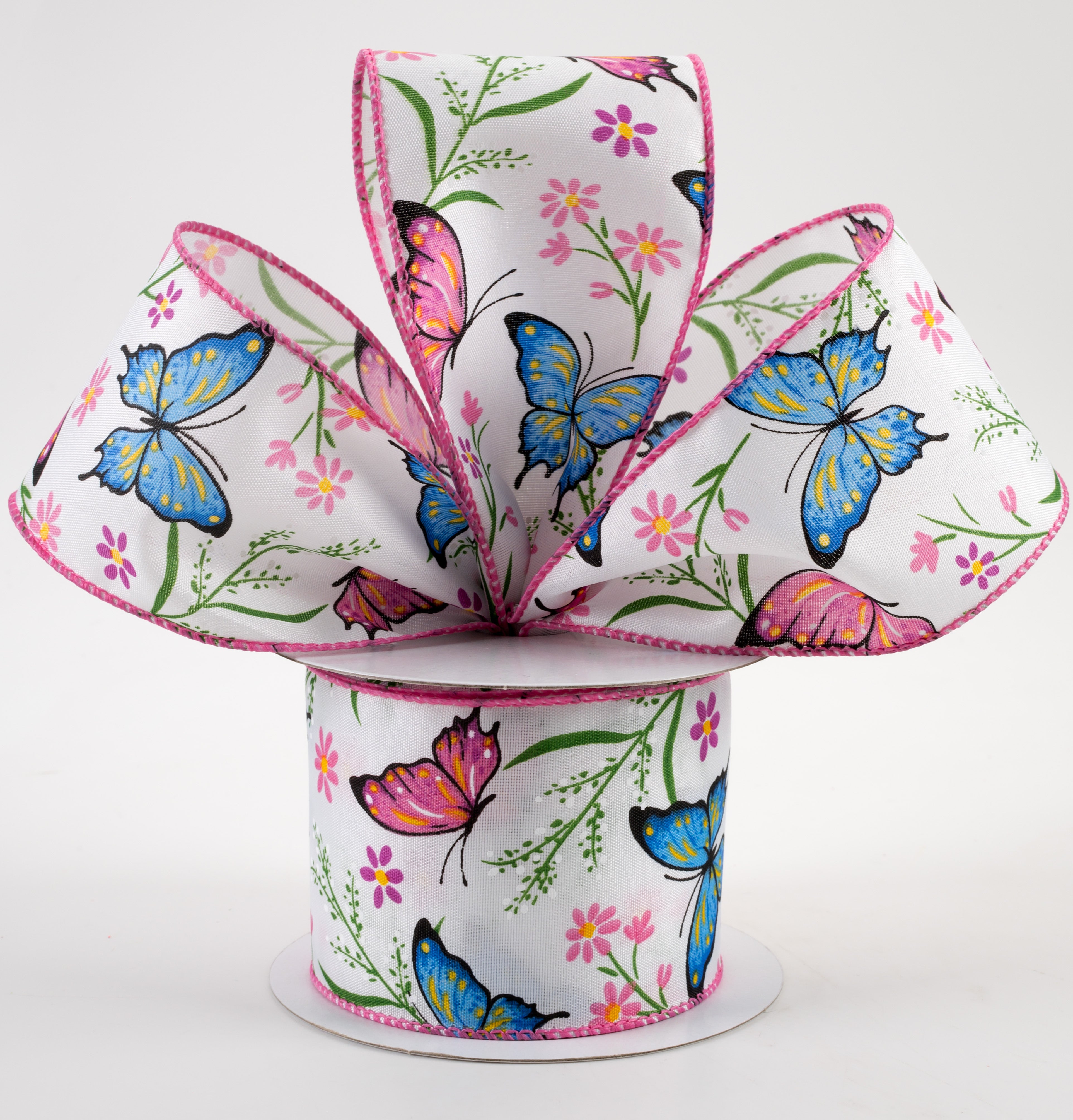 2.5" Butterfly Flowers Satin Ribbon: Pink & Blue (10 Yards) Lifestyle Photo