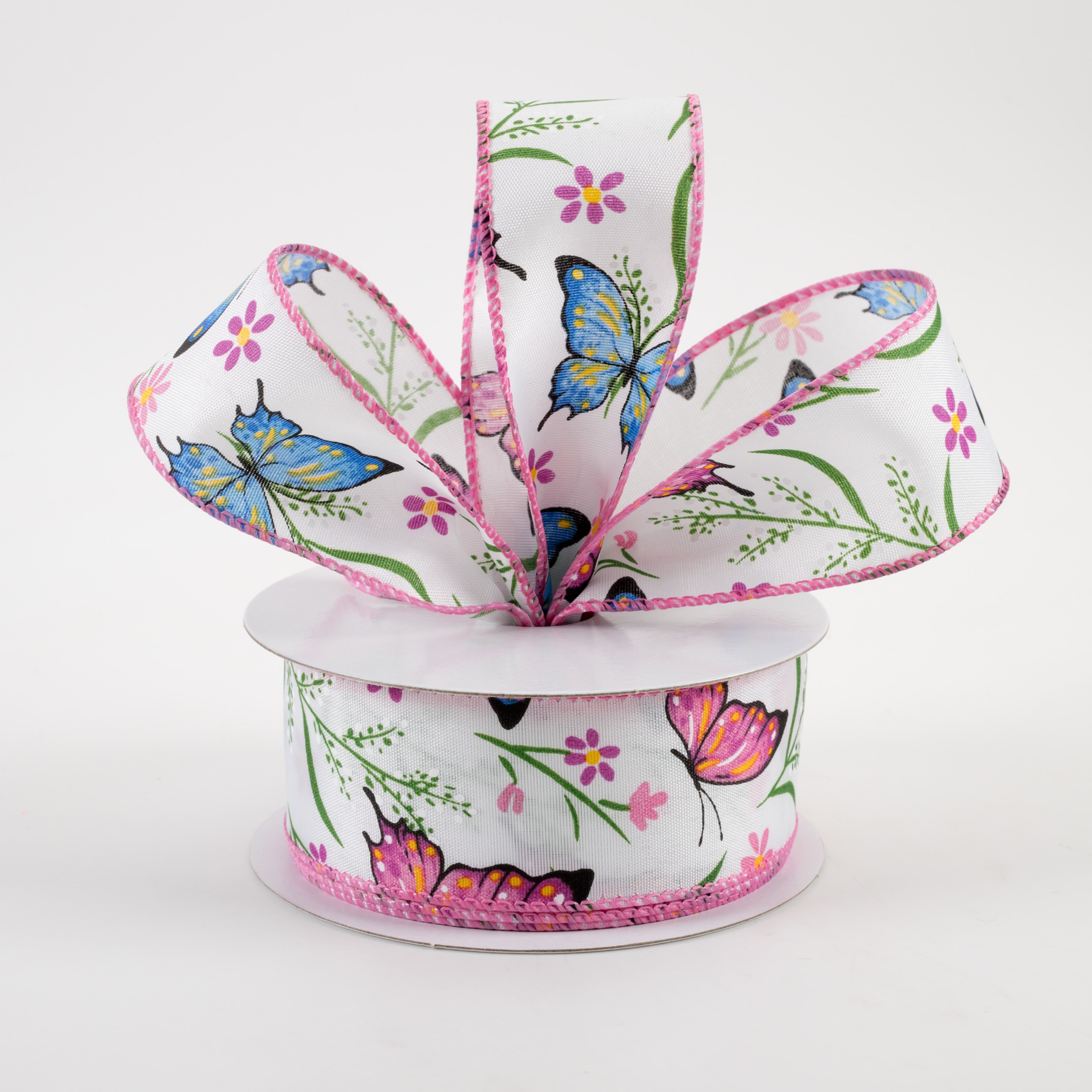 1.5" Butterfly Flowers Satin Ribbon: Pink & Blue (10 Yards) Lifestyle Photo