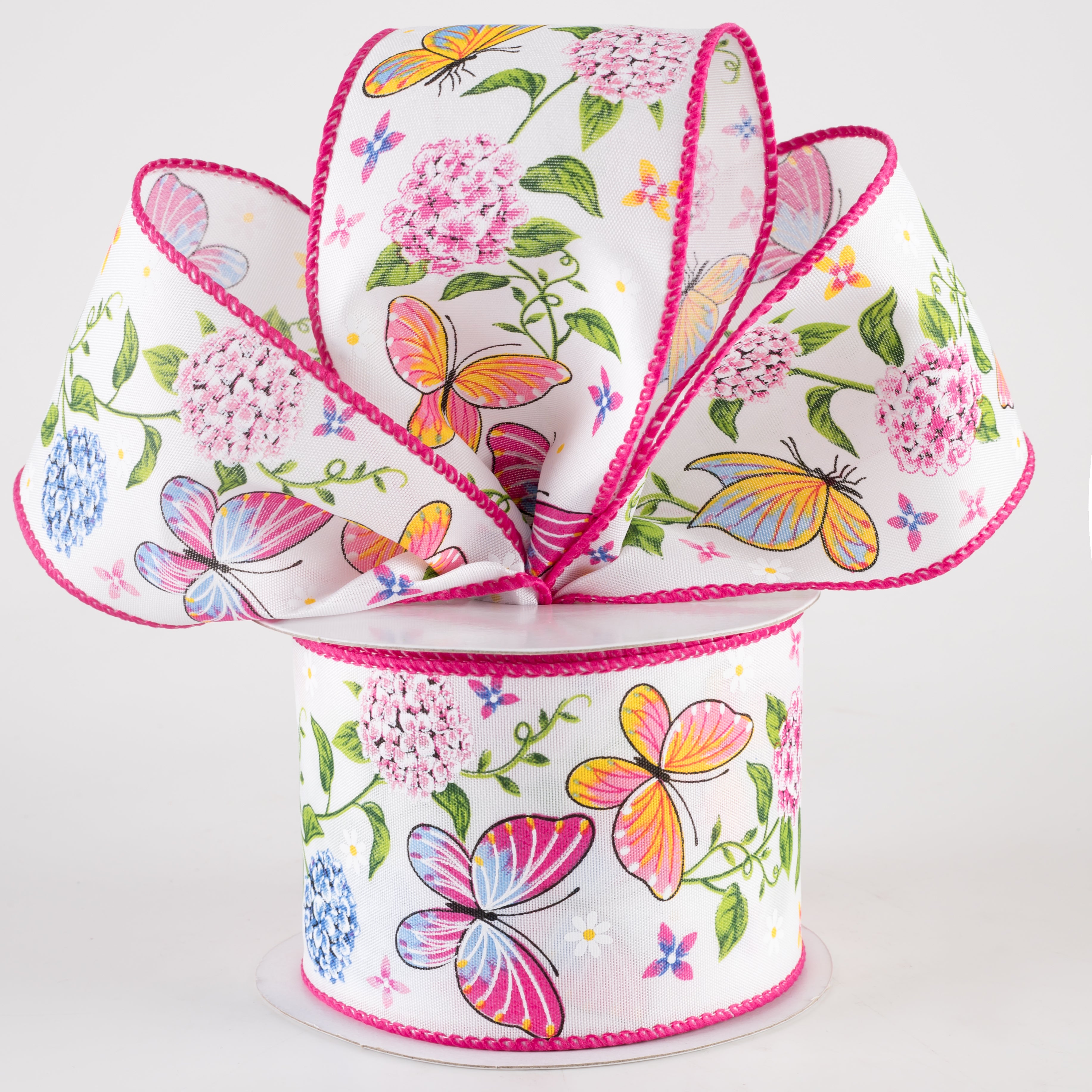 2.5" Butterfly & Hydrangeas Satin Ribbon: Pink, Blue, Yellow (10 Yards) Lifestyle Photo