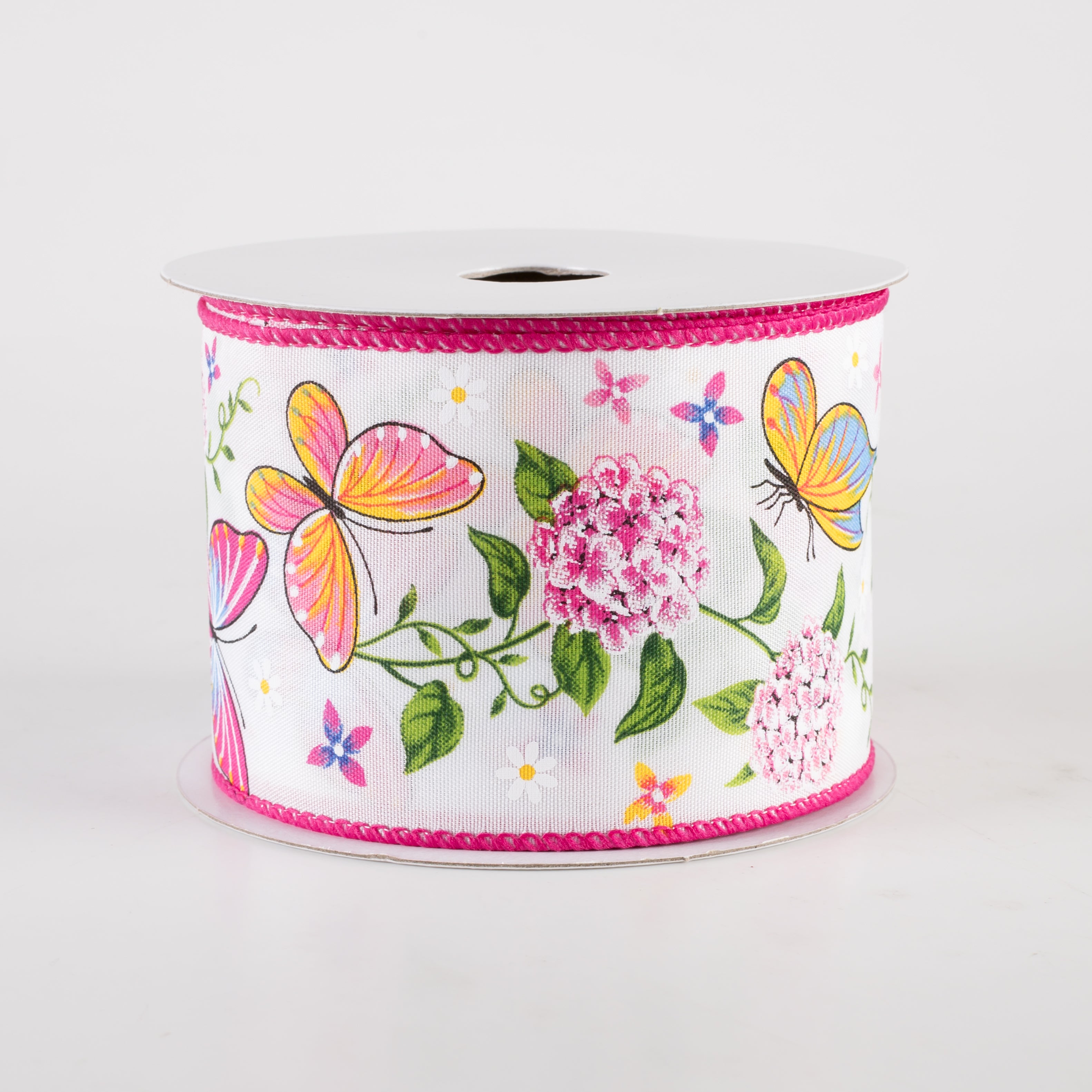 2.5" Butterfly & Hydrangeas Satin Ribbon: Pink, Blue, Yellow (10 Yards) Item Number: 42407-40-28