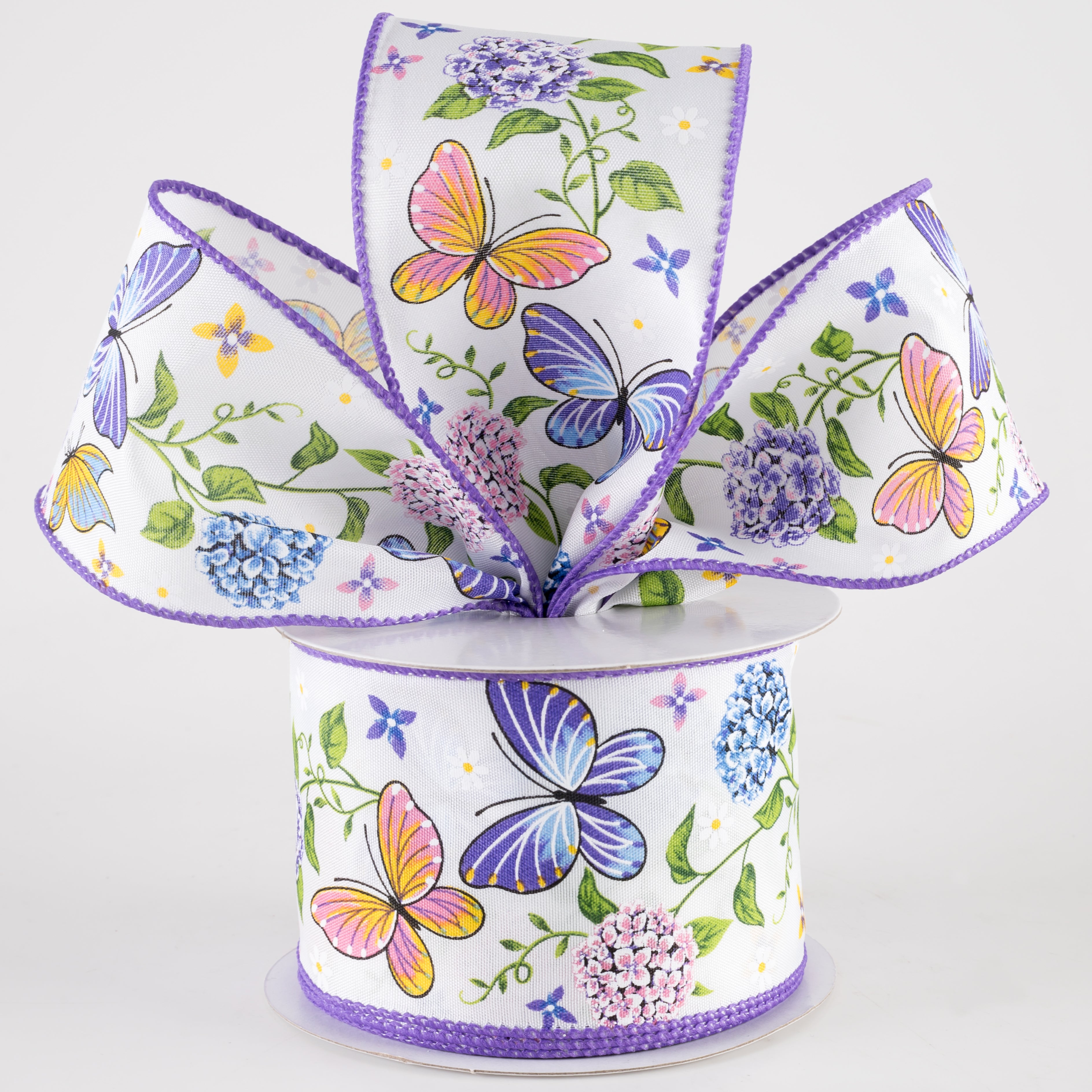 2.5" Butterfly & Hydrangeas Satin Ribbon: Pink, Purple, Yellow (10 Yards) Lifestyle Photo