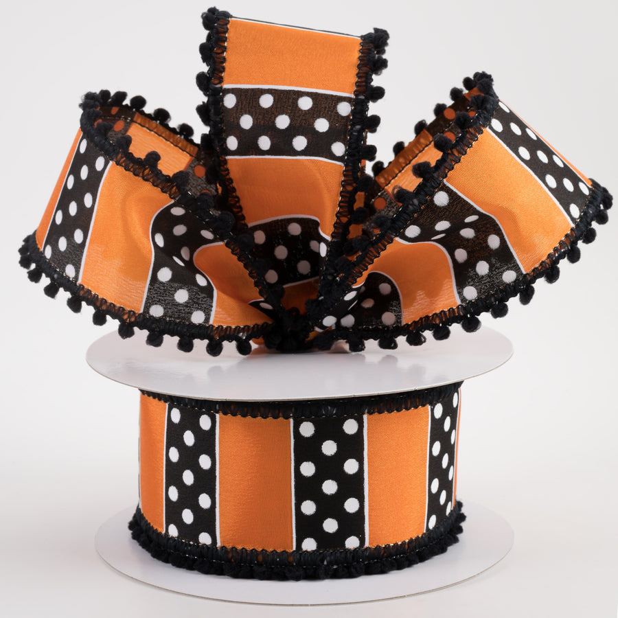 2.5" BW Polka Dot Stripes Ball Fringe Edge Ribbon: Orange (10 Yards) Lifestyle Photo