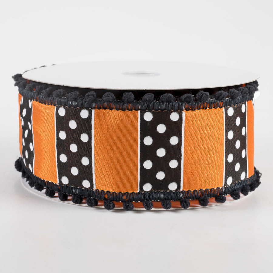 2.5" BW Polka Dot Stripes Ball Fringe Edge Ribbon: Orange (10 Yards)