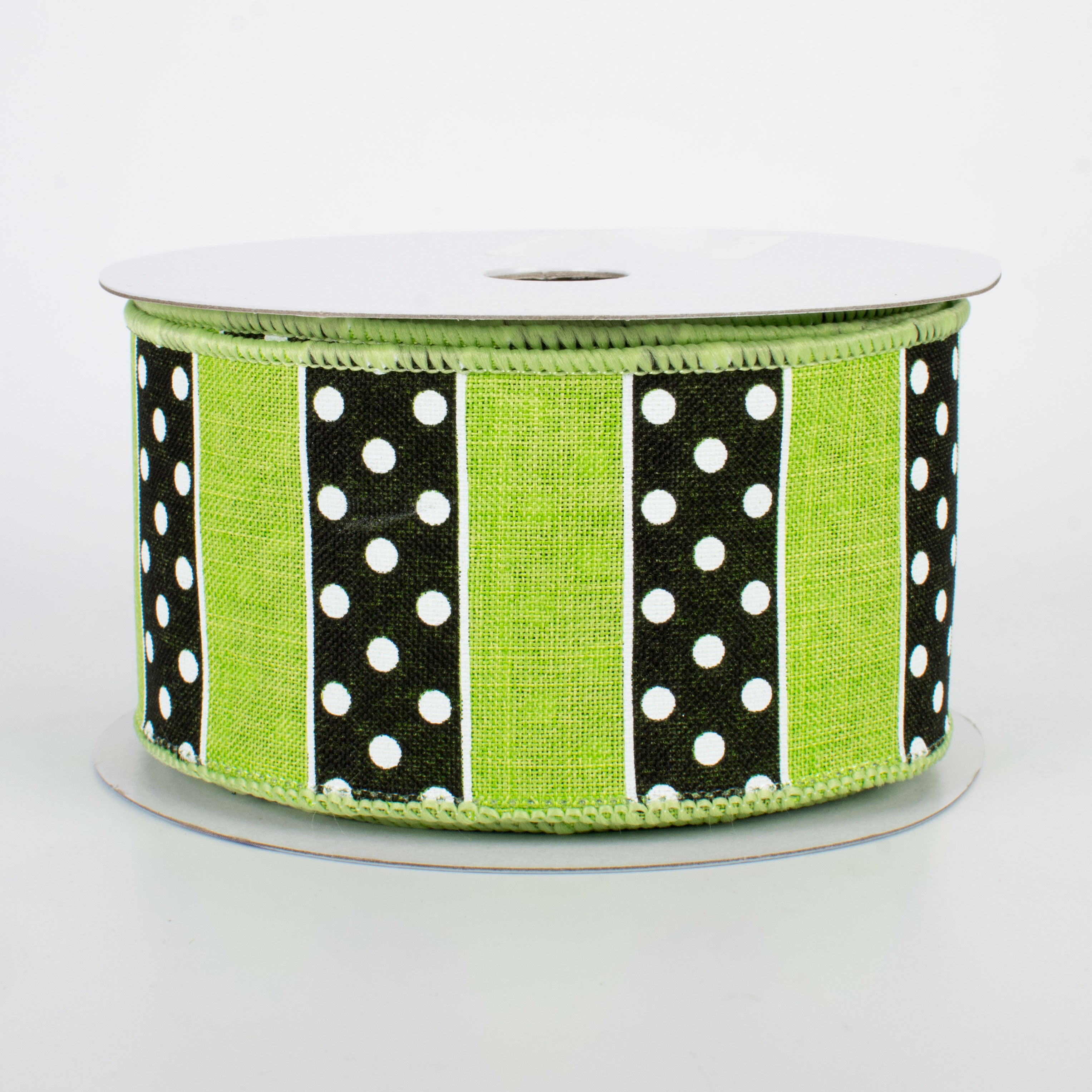 2.5" BW Polka Dot Stripes Ribbon: Lime (10 Yards)