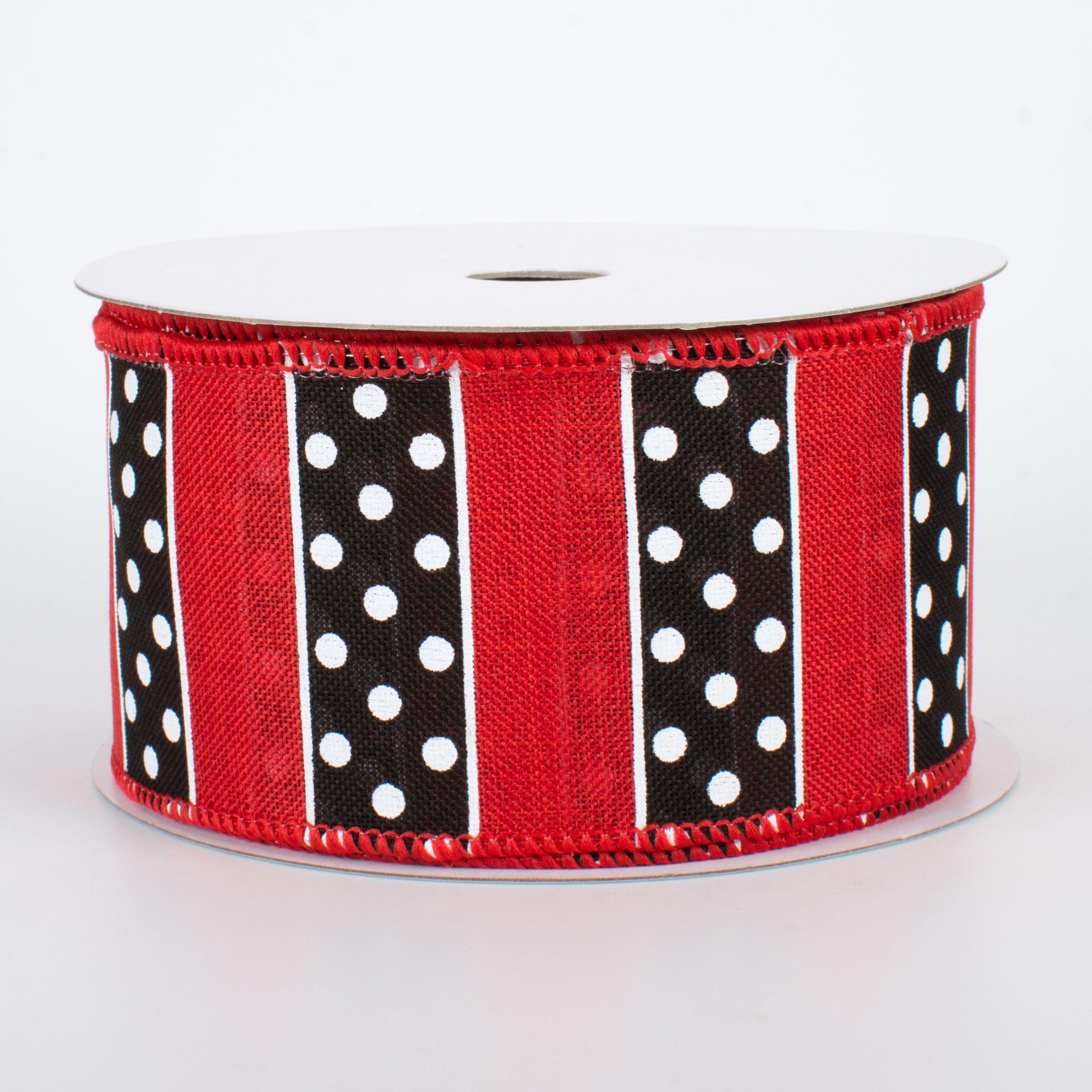 2.5" BW Polka Dot Stripes Ribbon: Red (10 Yards)