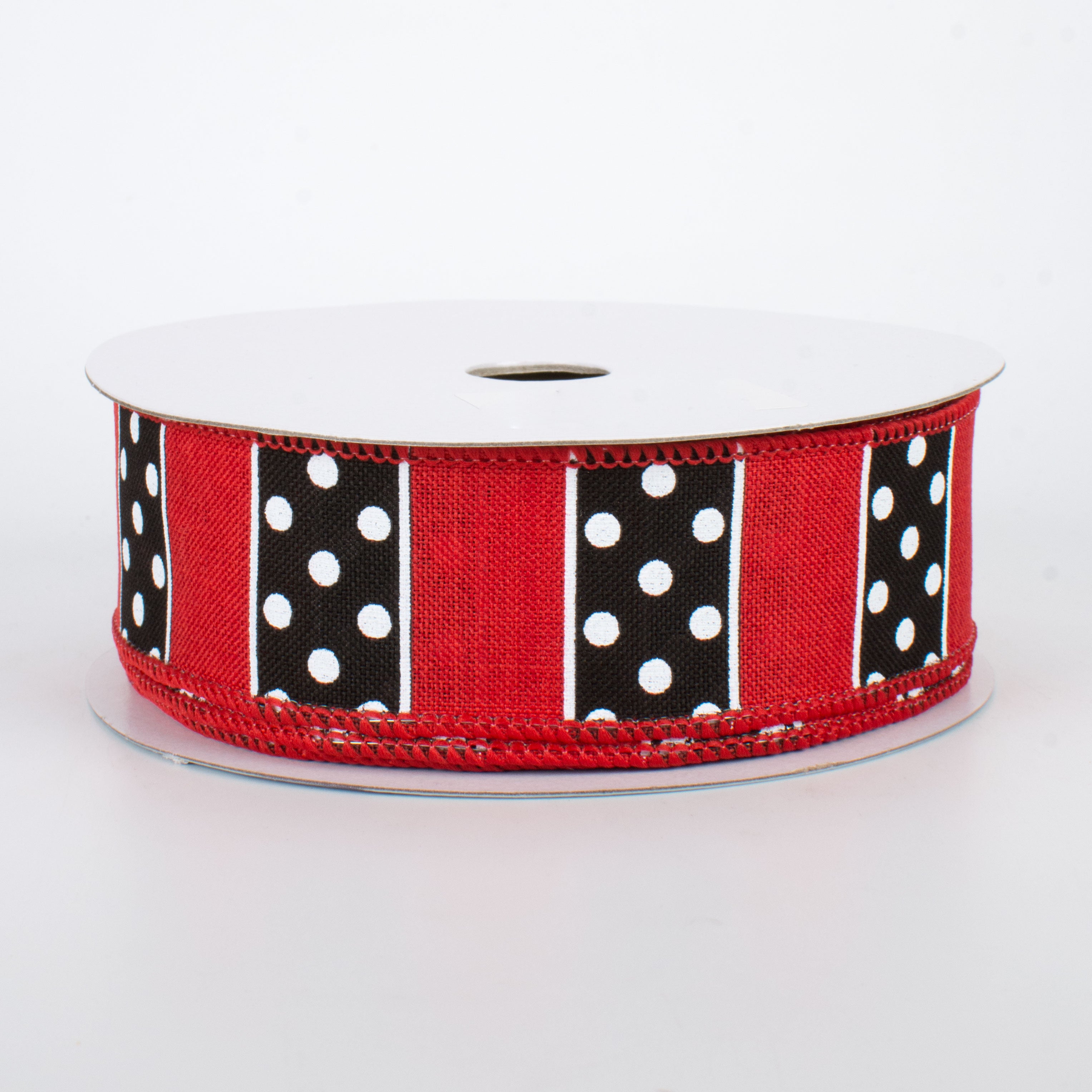 1.5" BW Polka Dot Stripes Ribbon: Red (10 Yards)