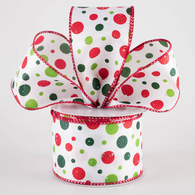 2.5" Thick Textured Satin Iridescent Glitter Dots Ribbon: Red & Green on White (10 Yards)