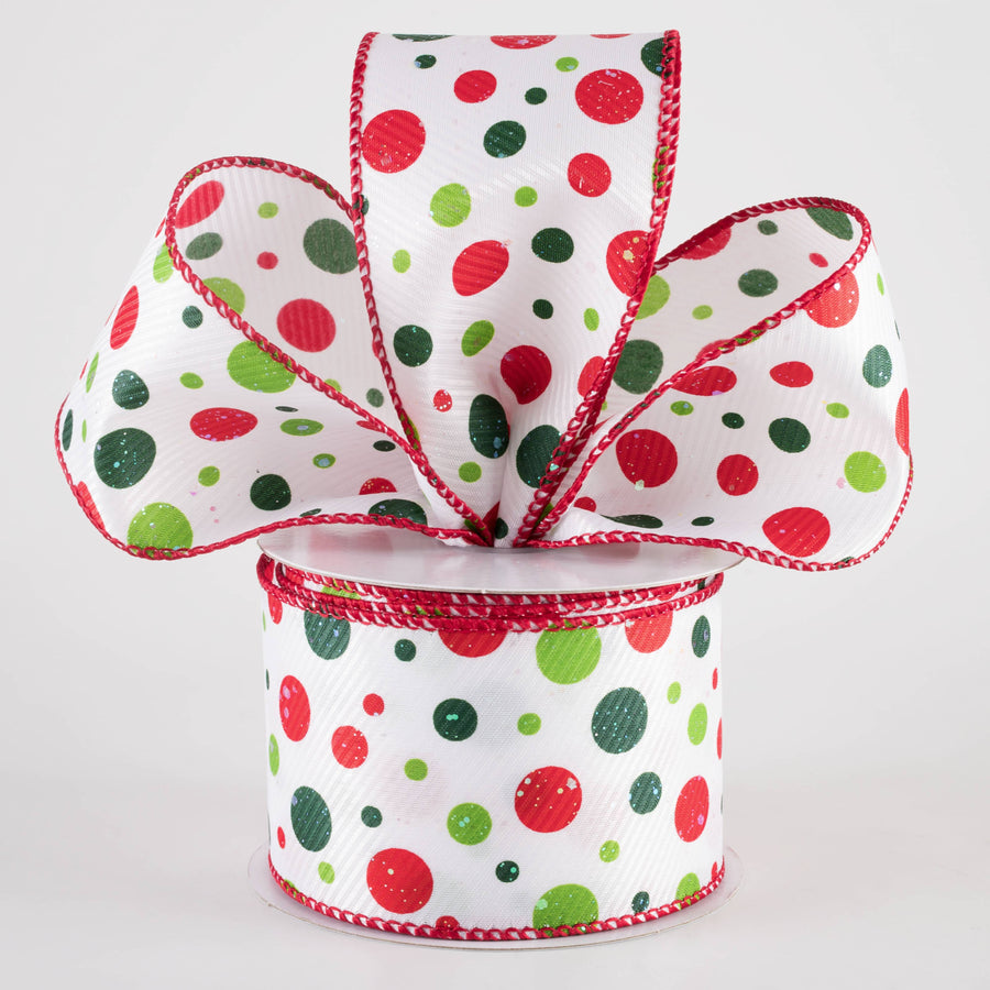 2.5" Thick Textured Satin Iridescent Glitter Dots Ribbon: Red & Green on White (10 Yards)