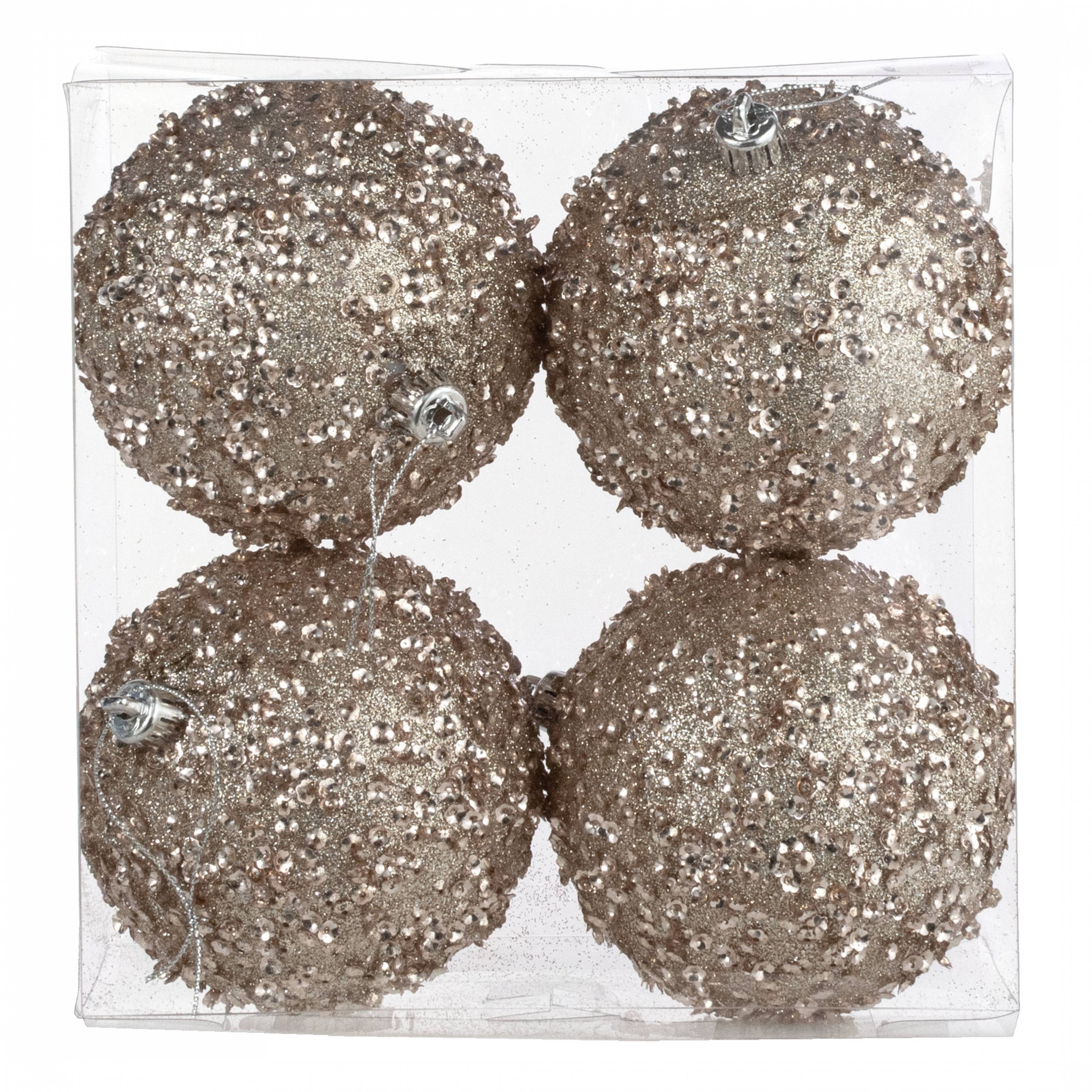 100mm Sequin & Glitter Ball Ornaments: Taupe Gold (Box of 4)