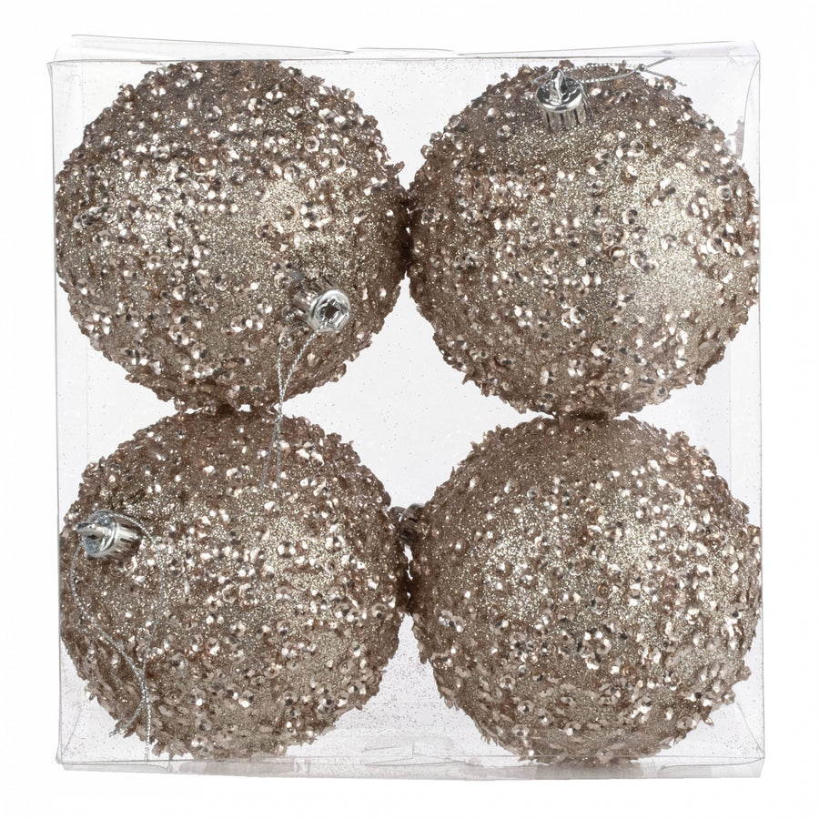 100mm Sequin & Glitter Ball Ornaments: Taupe Gold (Box of 4)