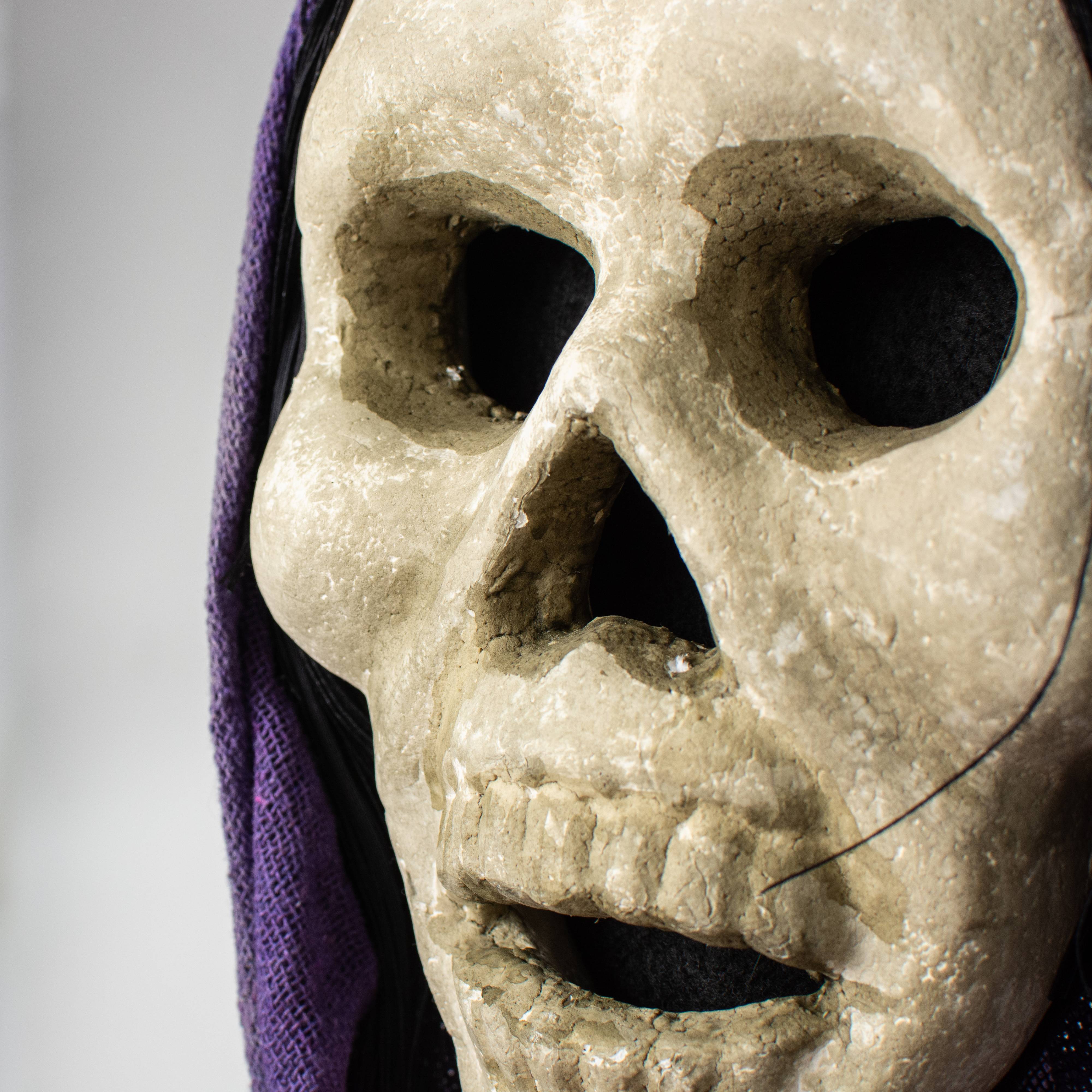 24" x 8" Styrofoam & Burlap Witch Skull: Black & Purple