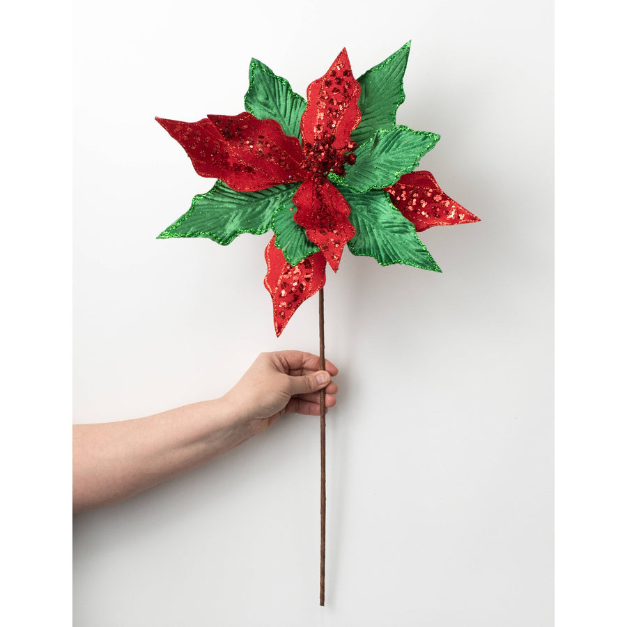 14" x 26" Velvet Sequin Poinsettia Stem: Red & Emerald Green