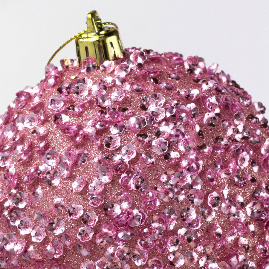 100mm Sequin & Glitter Ball Ornaments: Pale Pink (Box of 4)