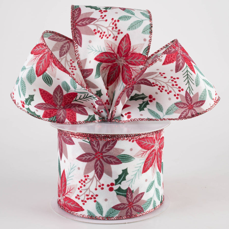 2.5" Holiday Poinsettia Ribbon: Reds on White (10 Yards)