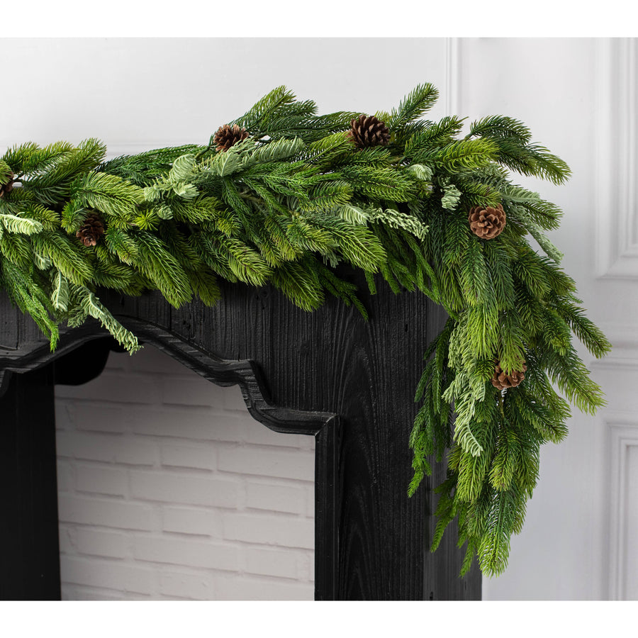 6' Deluxe Norfolk, Spruce & Juniper Cone Garland: Green