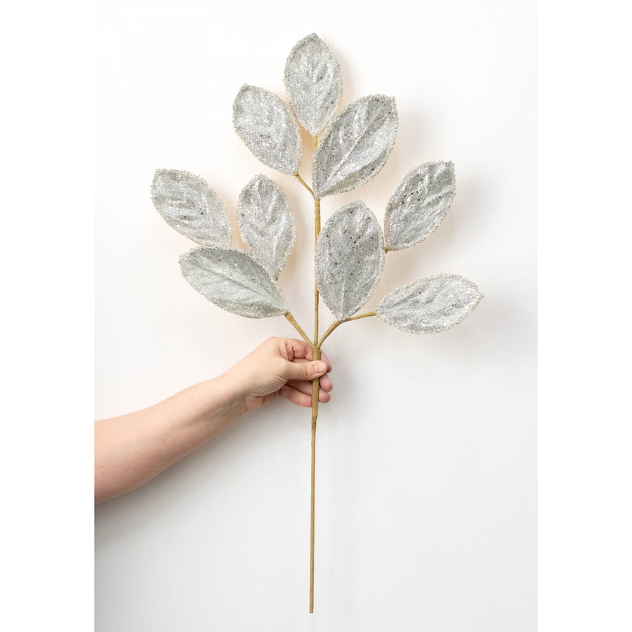 27" Beaded Glitter Leaf Spray: Platinum Silver