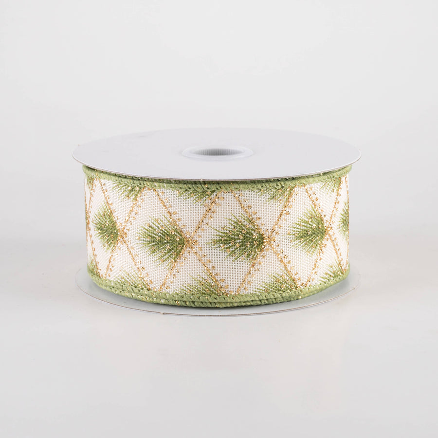 1.5" Linen Evergreen Pine in Gold Diamonds Ribbon: Ivory (10 Yards)
